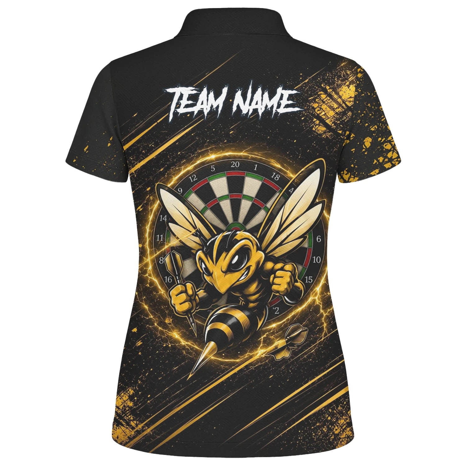 Personalisiertes Schwarz-goldenes Bienen-Dartboard Dartshirt für Damen L410