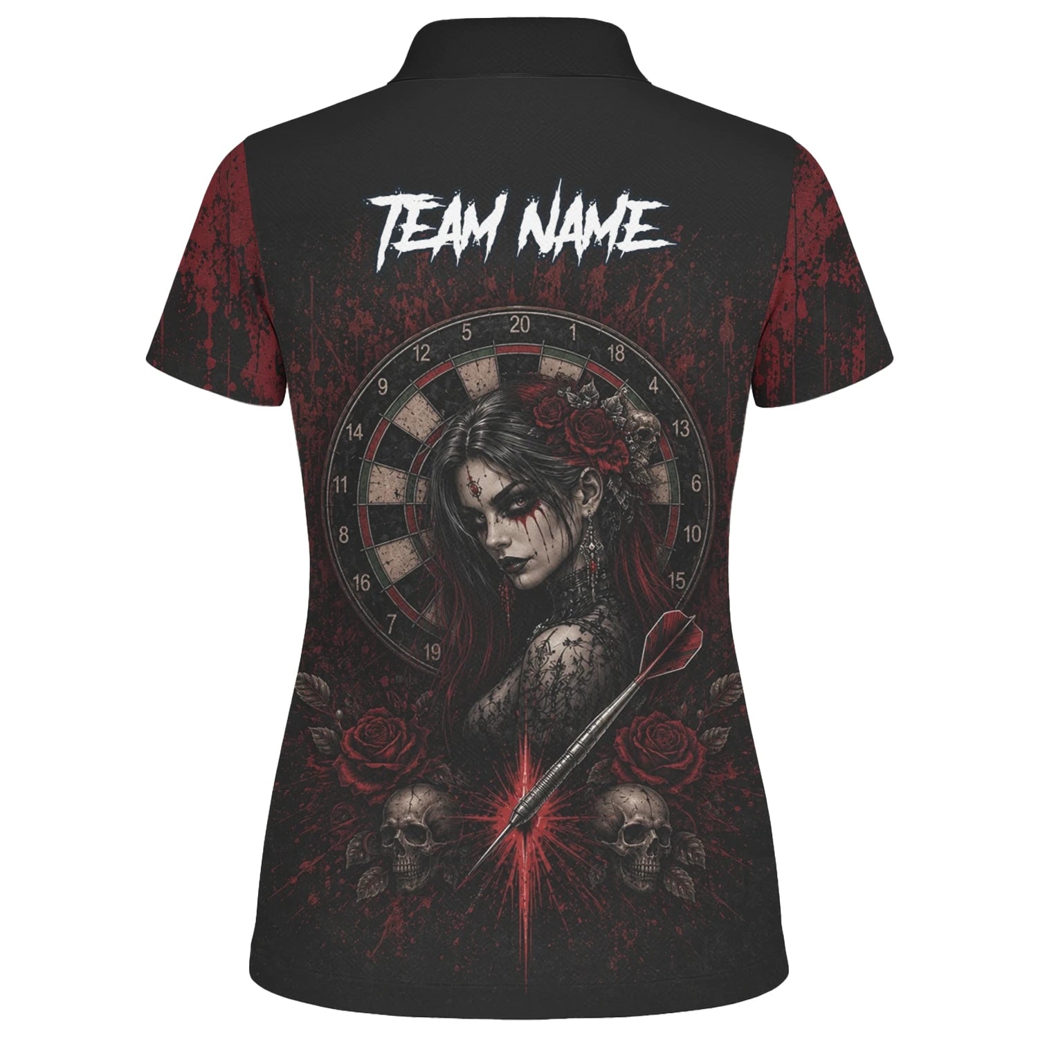 Personalisiertes Schwarz-rotes Gothic-Frauen-Totenkopf-Dartshirt für Damen W035