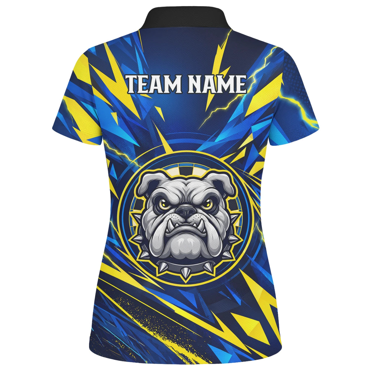 Personalisiertes Dartshirt in Blau und Gelb mit Bulldogge, Blitzen und Dartscheibe für Damen H1141