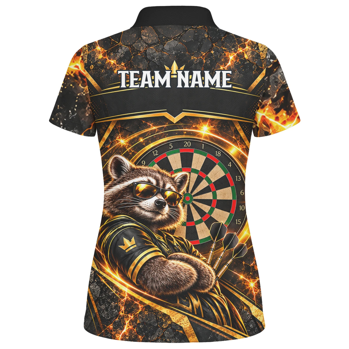 Personalisiertes Dartshirt mit schwarz-goldenem Waschbären und Dartscheibe für Damen B7615