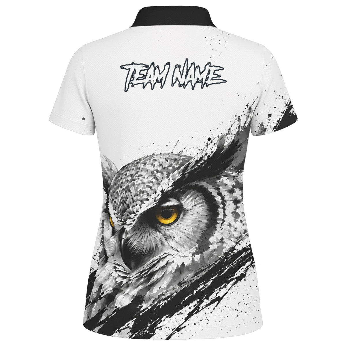 Personalisiertes Dartshirt mit weiß-schwarz-gelber Eule für Damen P128