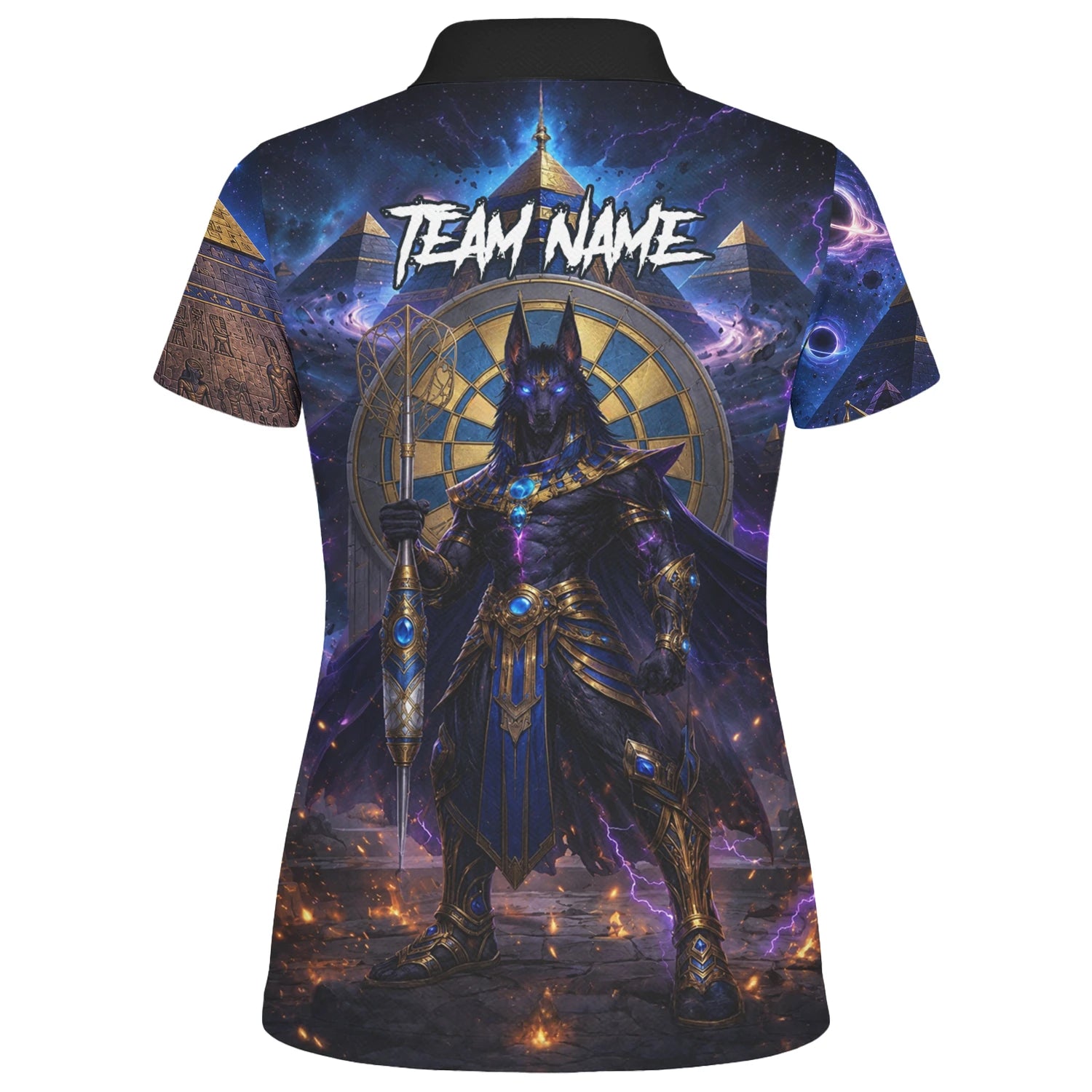 Personalisiertes Blau-gold-schwarzes Anubis-Dartshirt für Damen N118