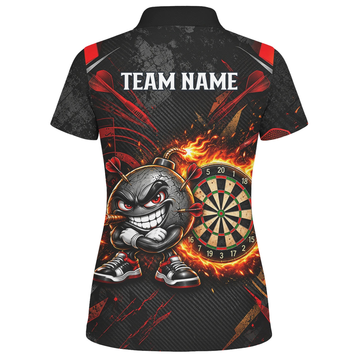Personalisiertes Dartshirt mit schwarz-roter wütender Comic-Bombe und Dartscheibe für Damen C3423