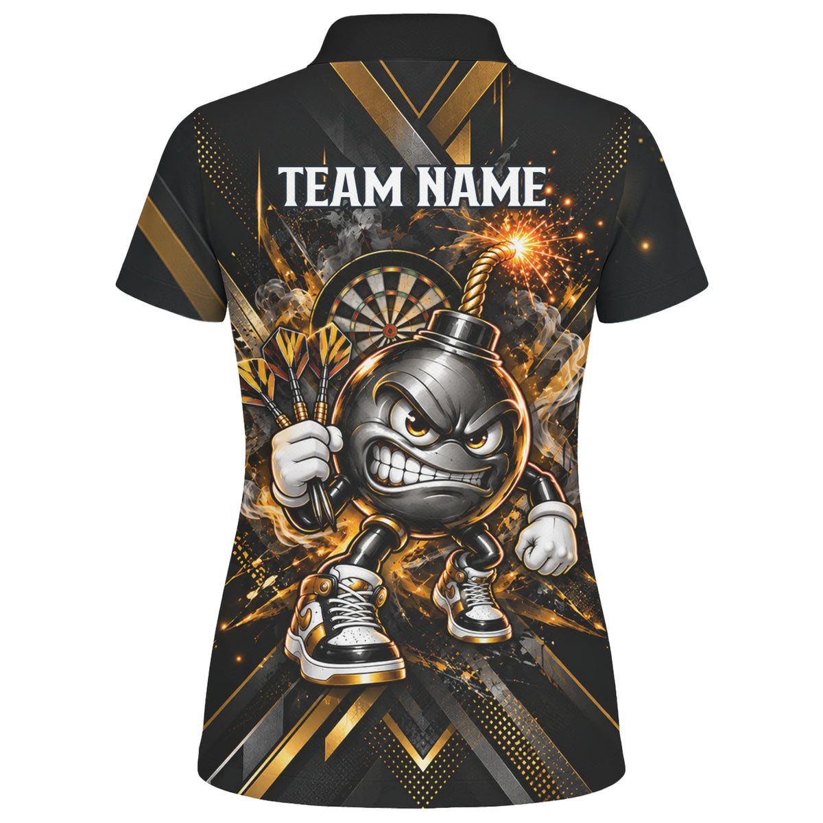 Personalisiertes Dartshirt in Schwarz und Gold mit wütender Comic-Bombe, Pokal und Dartscheibe für Damen R0150