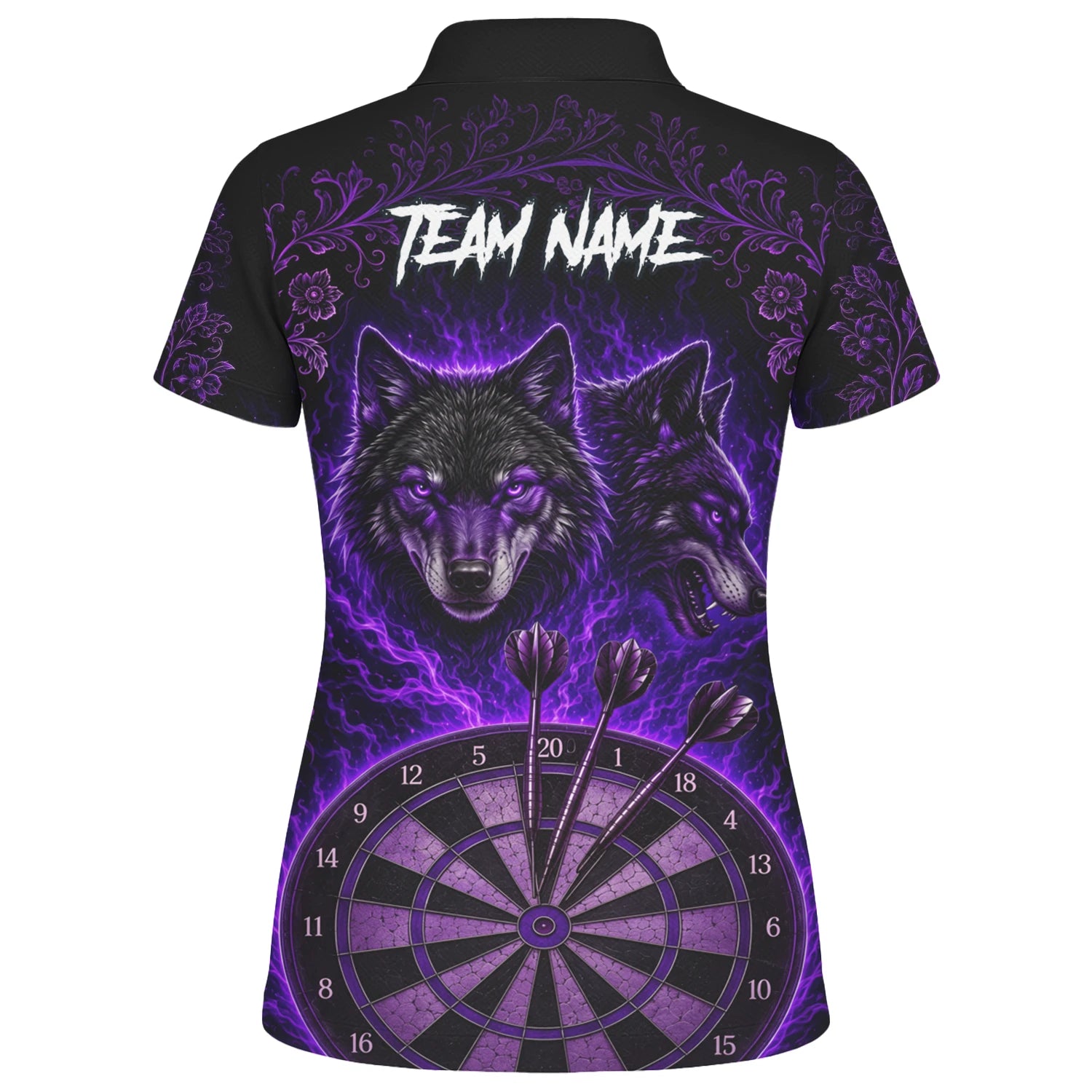 Personalisiertes Schwarz-lila Wolf-Dartboard Dartshirt für Damen J133