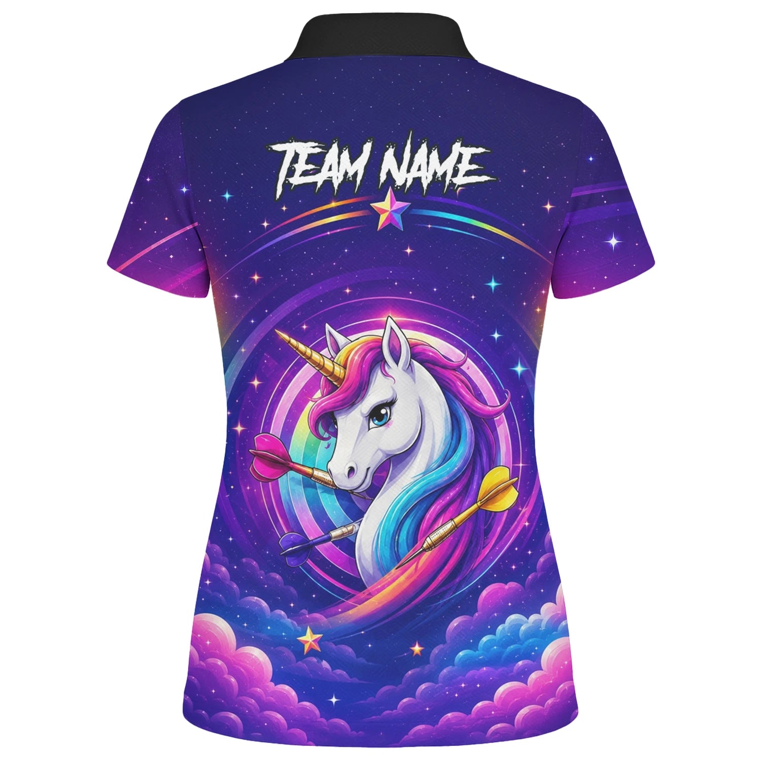 Personalisiertes Violettes Regenbogen-Einhorn-Dartshirt für Damen P431