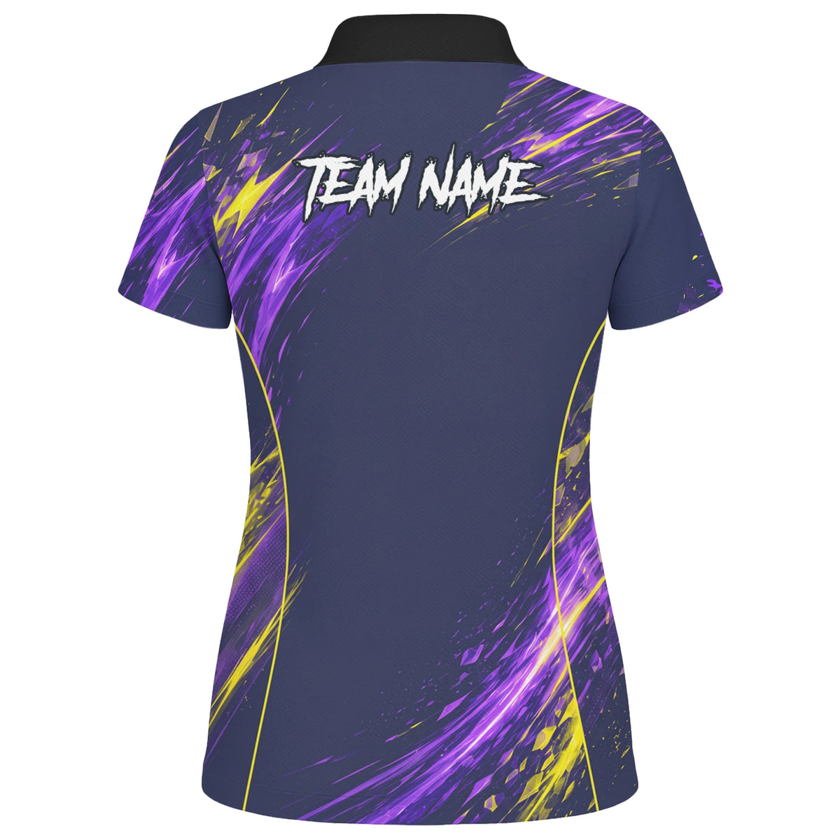 Personalisiertes Dartshirt mit dunkelblau-lila-gelbem abstraktem Design für Damen D517