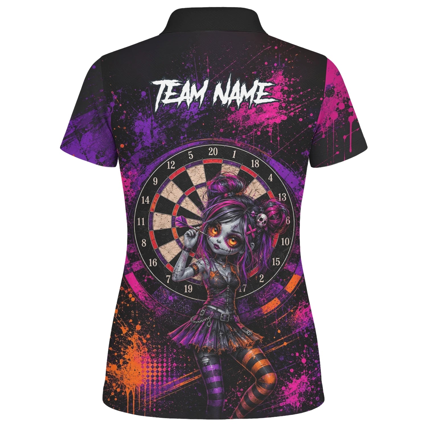 Personalisiertes Schwarz-lila-pink-oranges Gothic-Dartshirt für Damen Z641