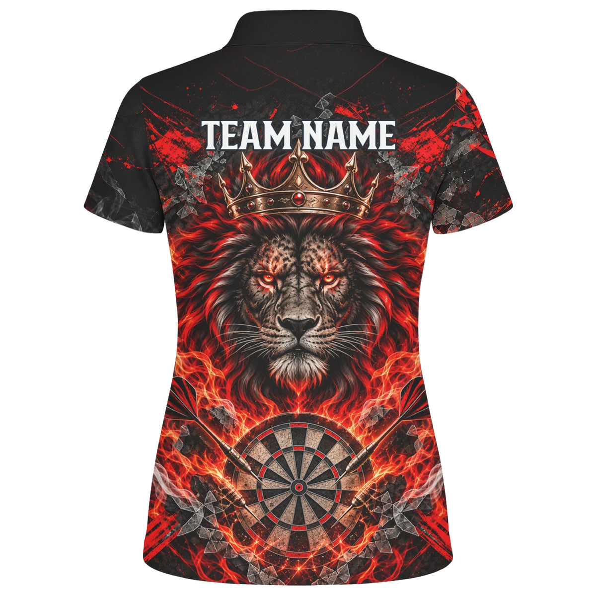 Personalisiertes Dartshirt in Schwarz und Rot mit gekröntem Löwen, Flammen und Dartscheibe für Damen O5343