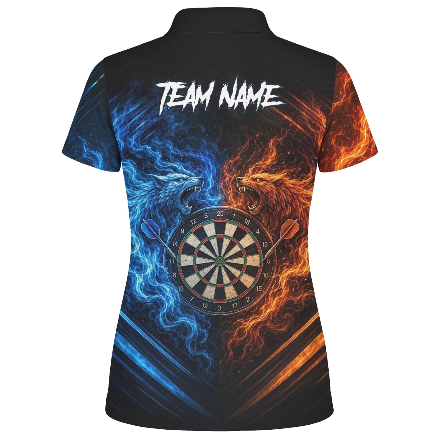 Personalisiertes Blau-oranges Wolf-Flammen-Dartboard Dartshirt für Damen A749