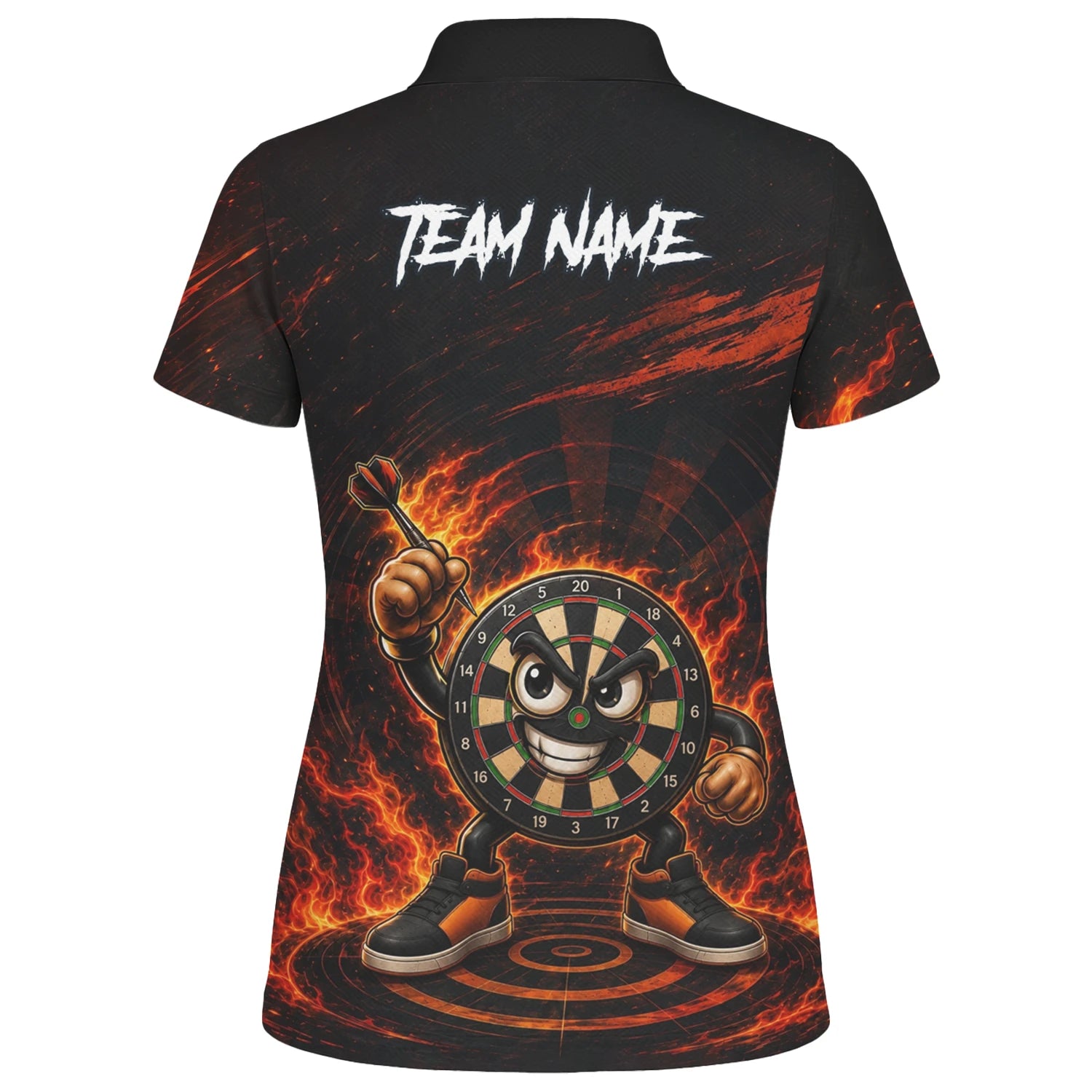 Personalisiertes Schwarz-rotes Flammen-Dartboard-Dartshirt für Damen W224