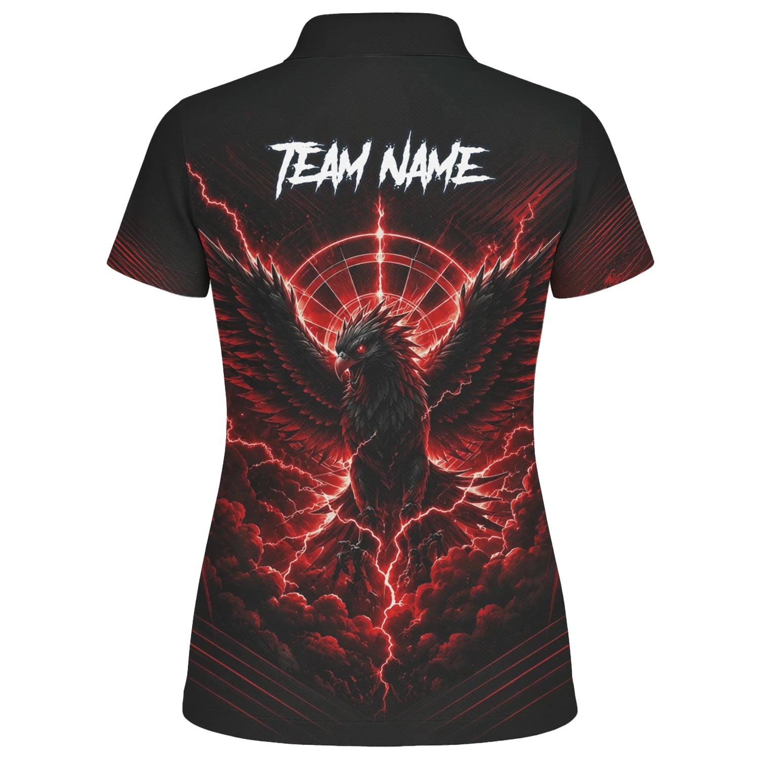 Personalisiertes Schwarz-rotes Phönix-Blitz-Dartboard Dartshirt für Damen J120