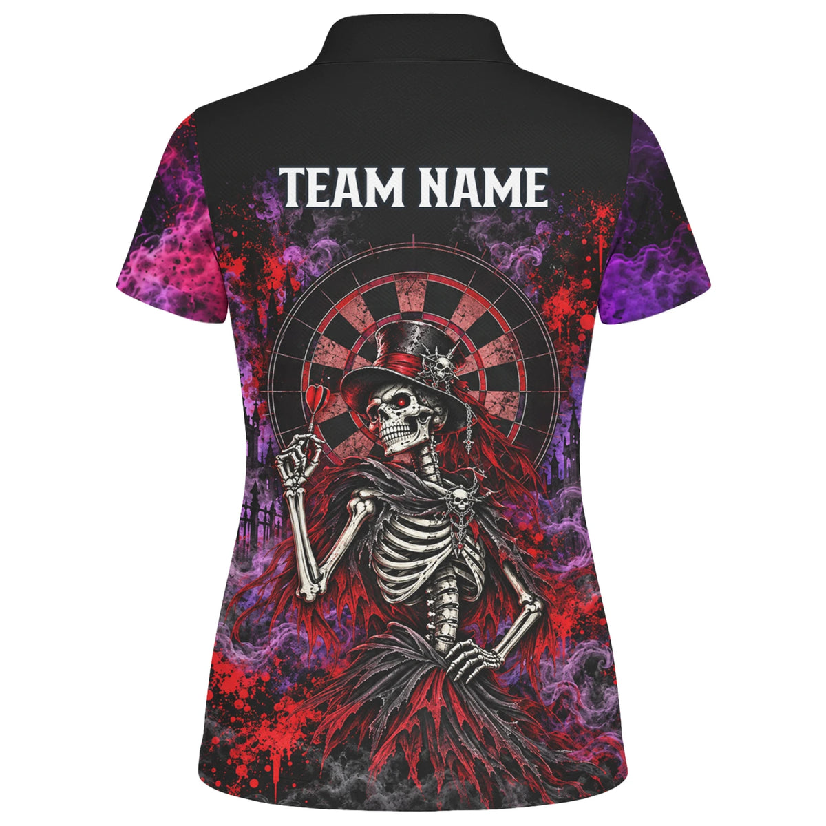 Personalisiertes Dartshirt in Schwarz, Rot und Lila mit Skelett, Zylinder und Dartscheibe für Damen P3058