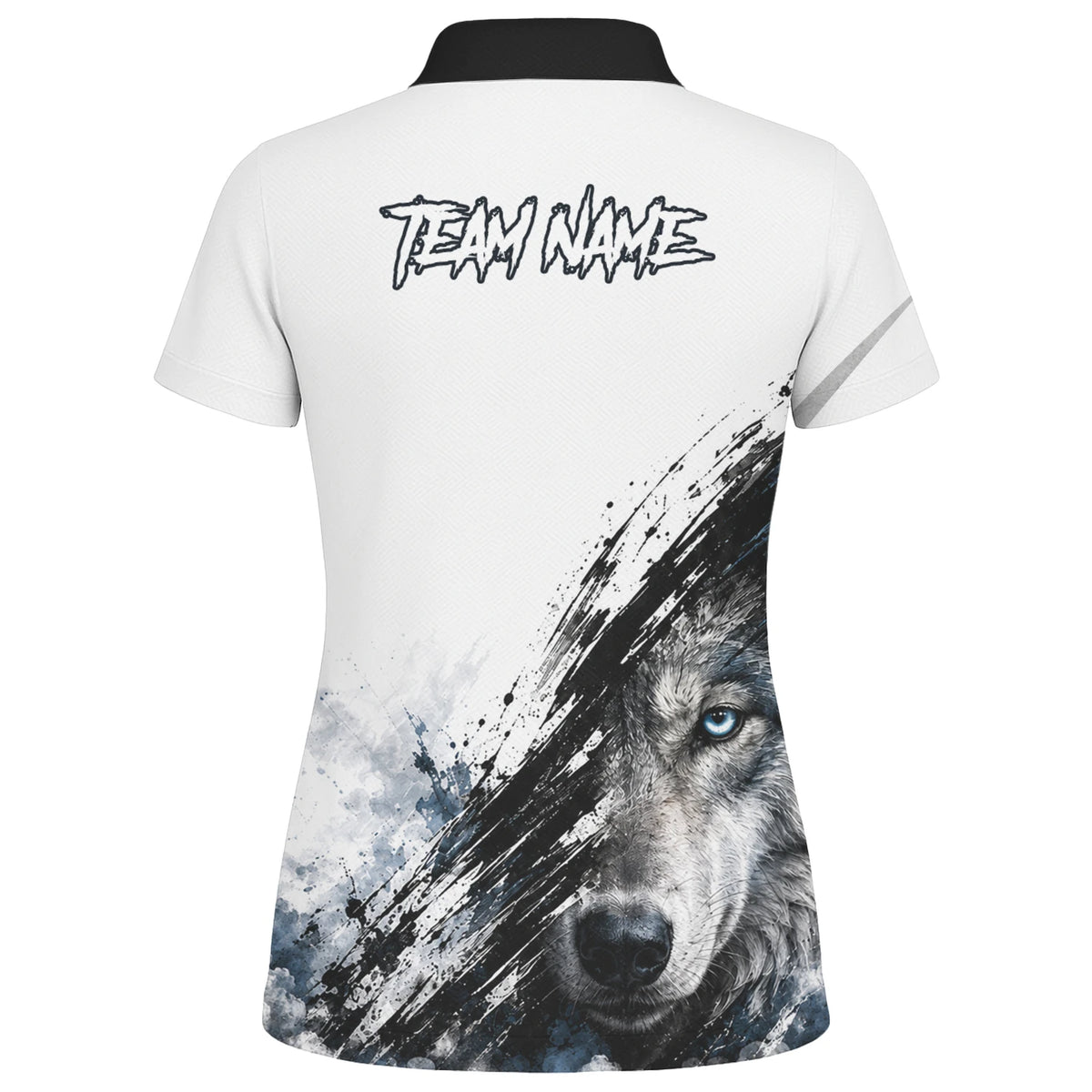 Personalisiertes Dartshirt mit weiß-schwarz-blauem Wolf für Damen P634