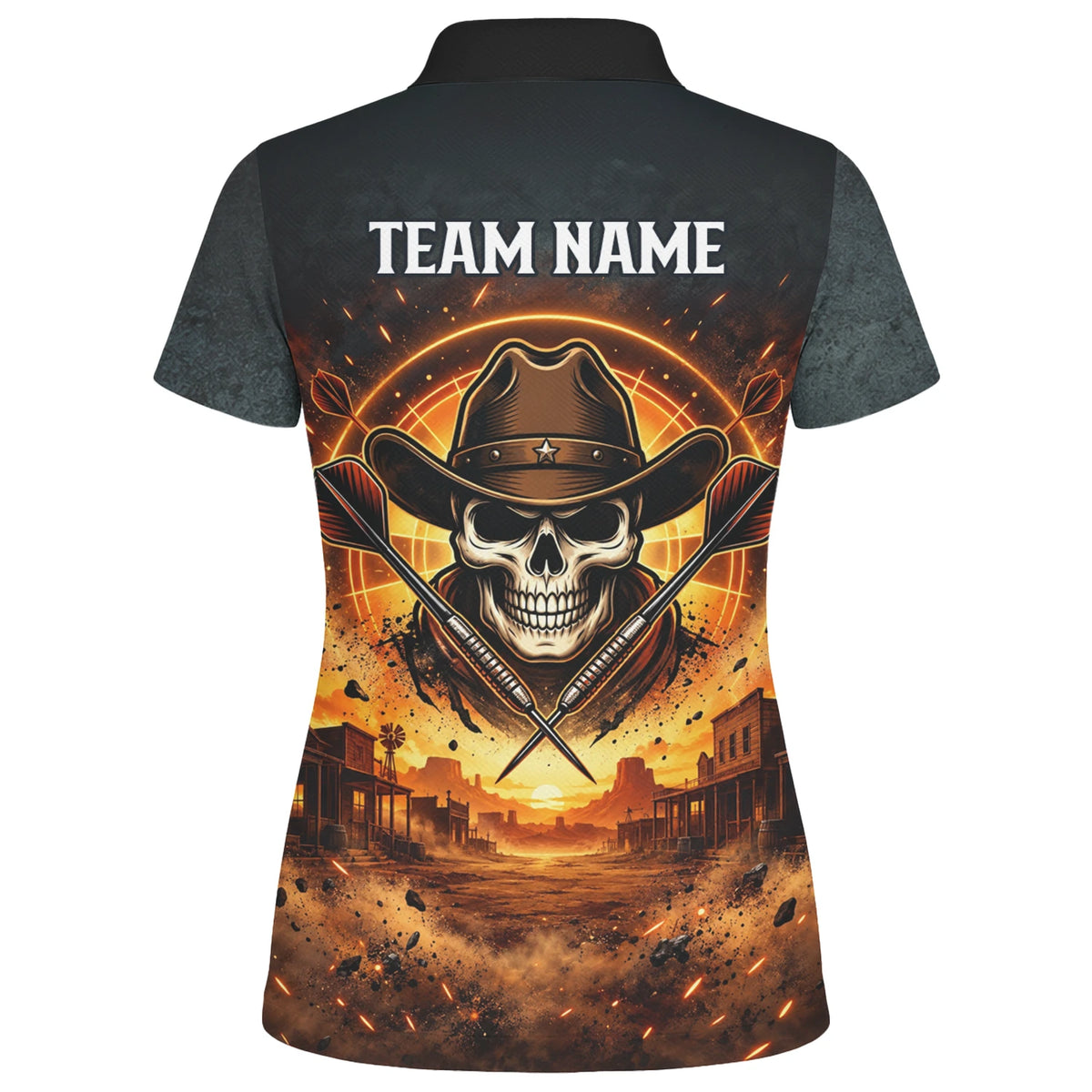 Personalisiertes Dartshirt in Schwarz und Orange mit Western-Cowboy-Totenkopf und Dartscheibe für Damen L8691