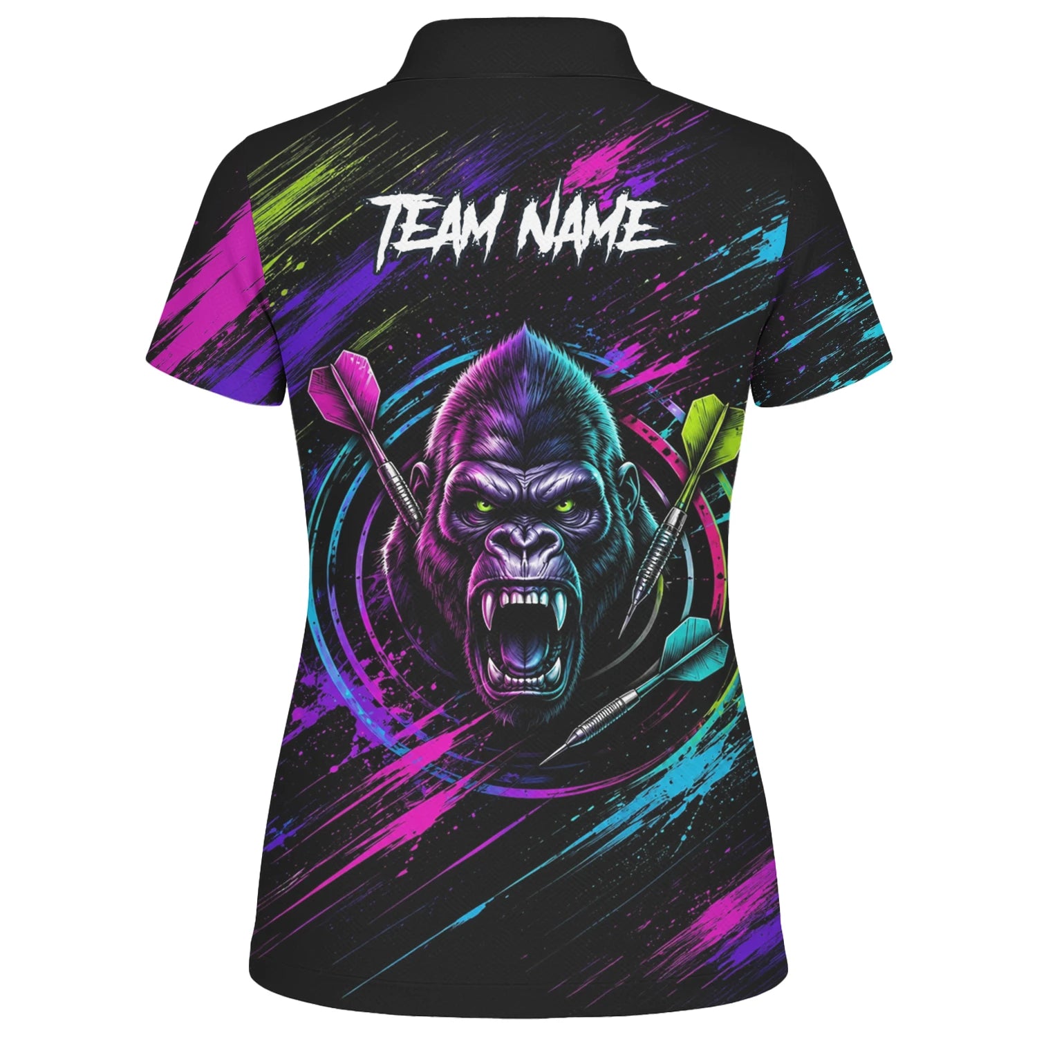 Personalisiertes Schwarz-pink-lila Gorilla-Dartshirt für Damen U874