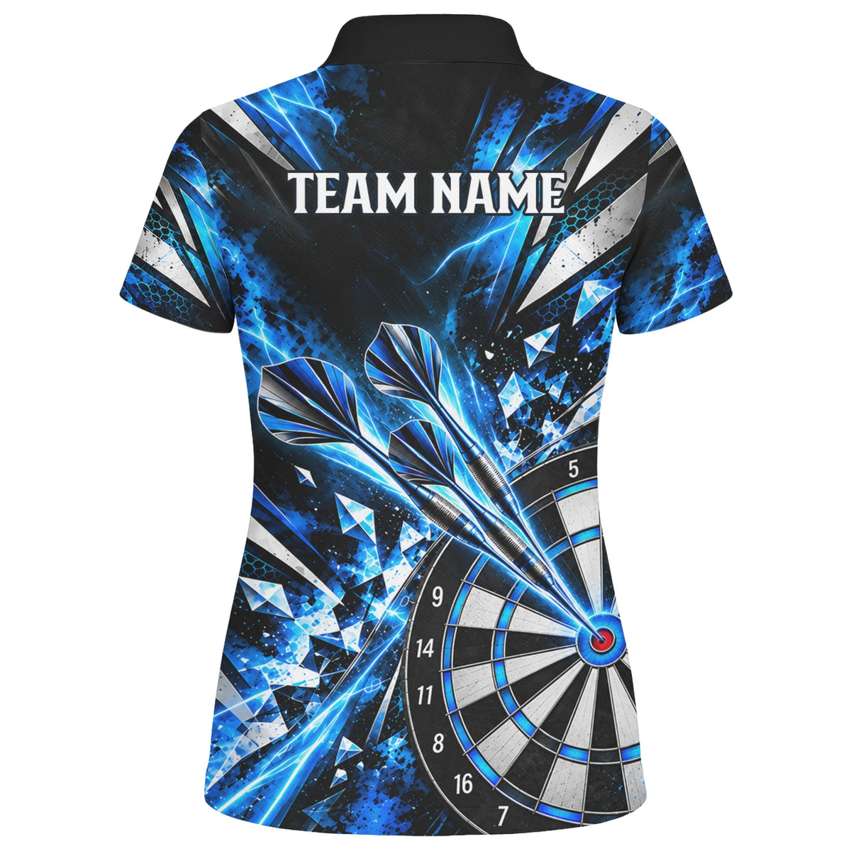 Personalisiertes Dartshirt in Schwarz, Blau und Silber mit geometrischen Splittern, Dartpfeilen und Dartscheibe für Damen N0176