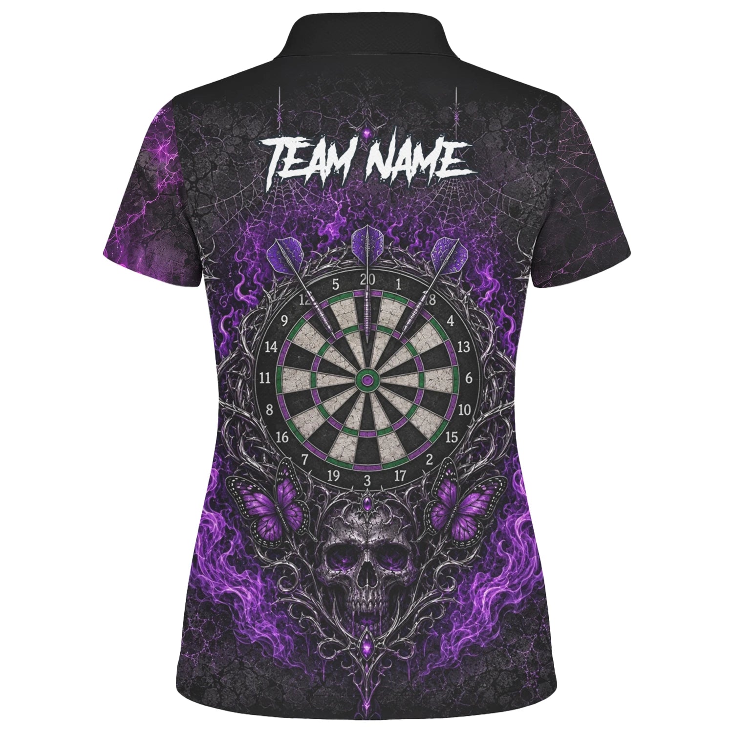Personalisiertes Schwarz-lila Totenkopf-Schmetterling-Dartshirt für Damen Q241