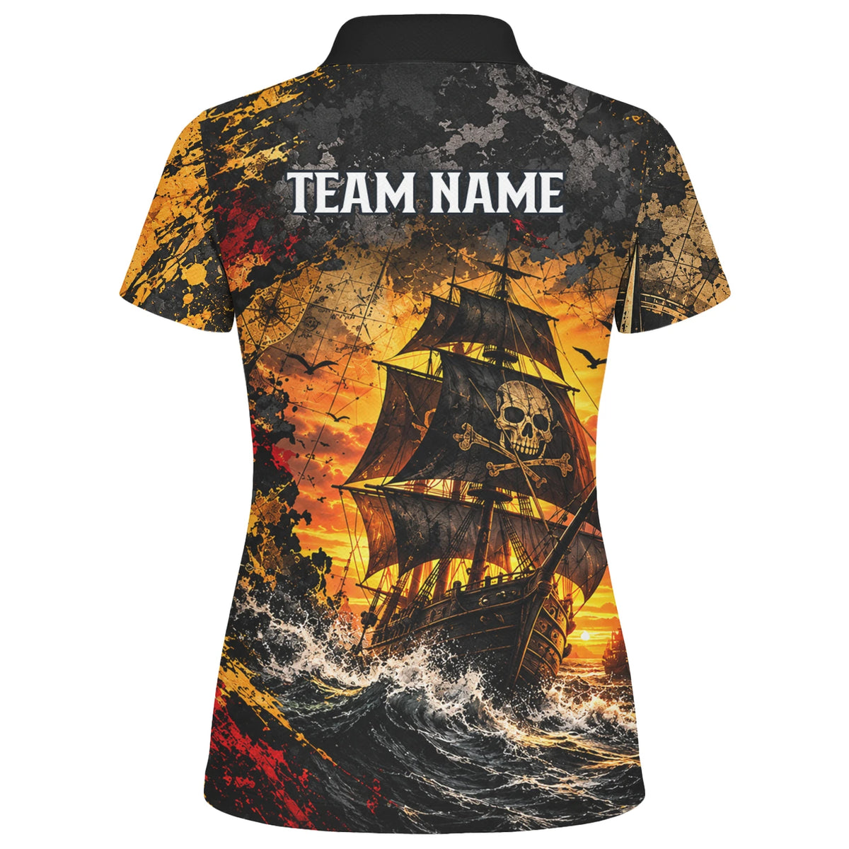 Personalisiertes Dartshirt in Schwarz und Gold mit Piraten-Totenkopf, Segelschiff und Dartscheibe für Damen N7943