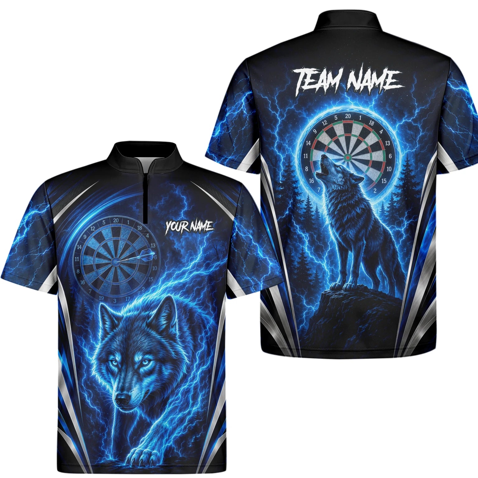 Personalisiertes Schwarz-blaues Wolf-Blitz-Dartshirt für Herren X929