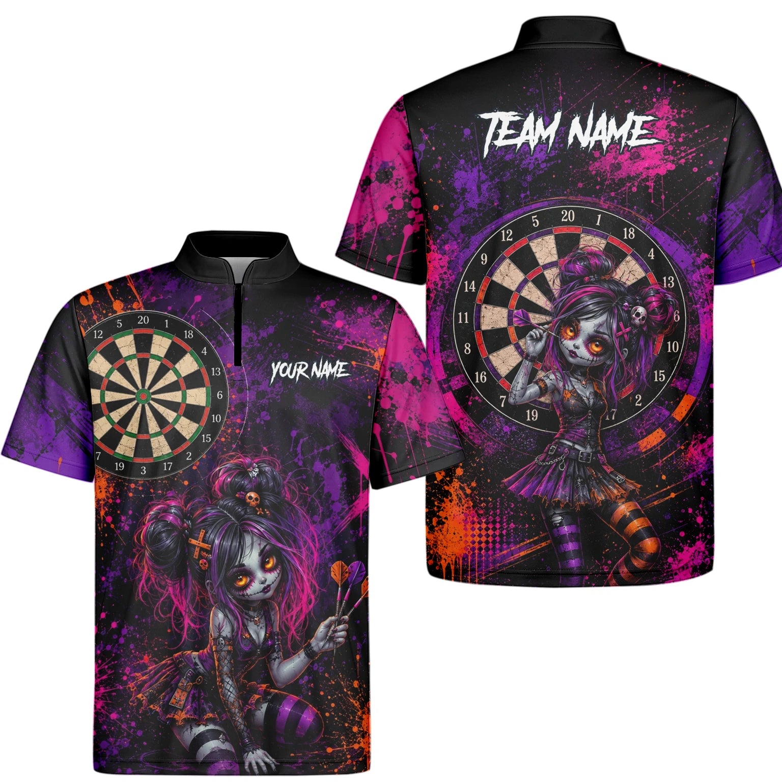 Personalisiertes Schwarz-lila-pink-oranges Gothic-Dartshirt für Herren Z641