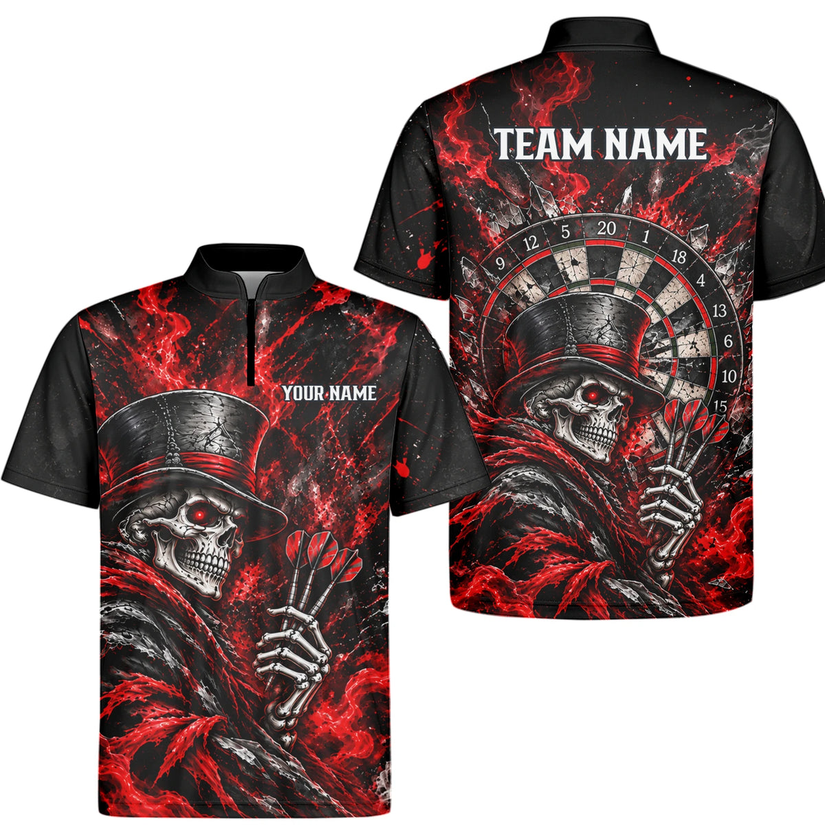 Personalisiertes Dartshirt in Schwarz und Rot mit Skelett, Zylinder, Dartpfeilen und Dartscheibe für Herren R5016
