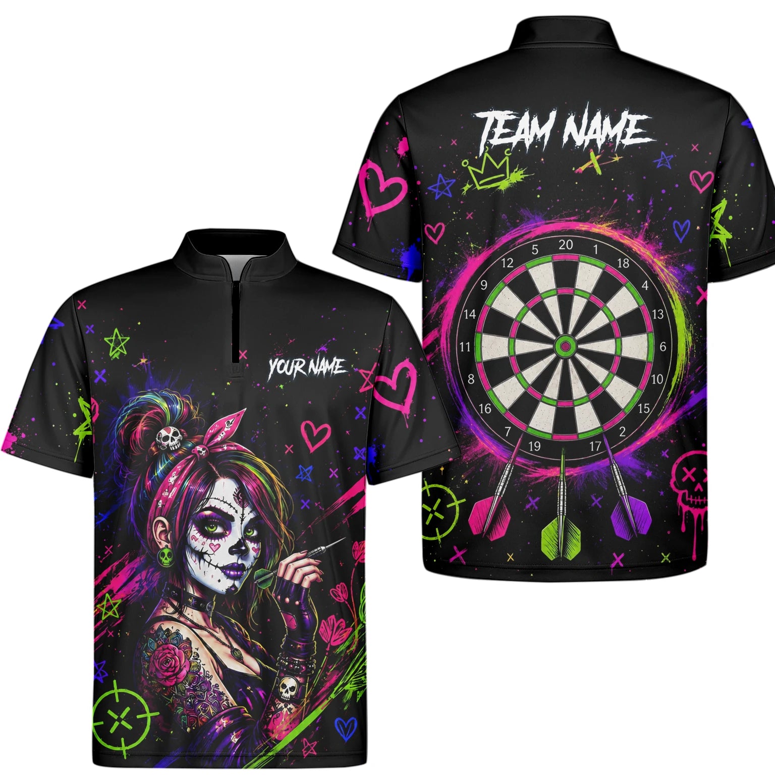 Personalisiertes Schwarz-neonfarbenes Sugar-Skull-Frauen-Dartshirt für Herren K745