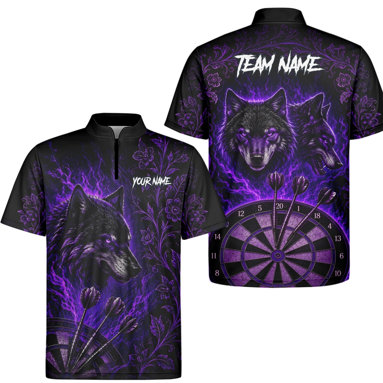 Personalisiertes Schwarz-lila Wolf-Dartboard Dartshirt für Herren J133