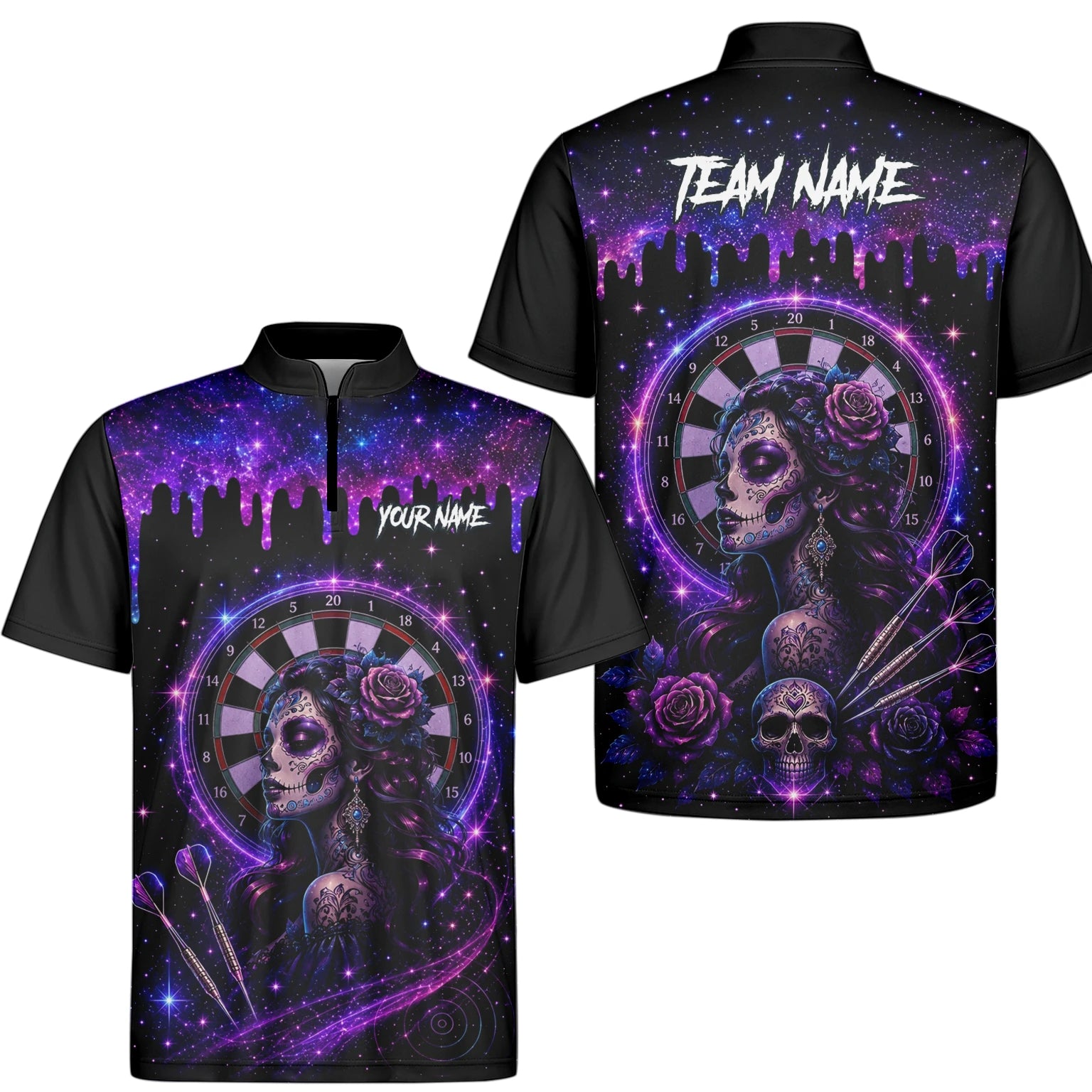 Personalisiertes Lila Galaxie Sugar-Skull-Dartshirt für Herren Z967