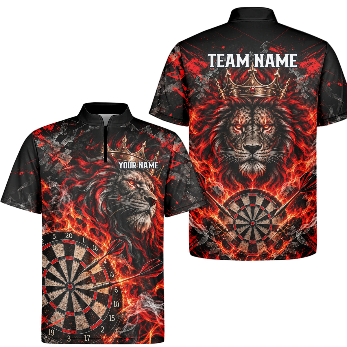 Personalisiertes Dartshirt in Schwarz und Rot mit gekröntem Löwen, Flammen und Dartscheibe für Herren O5343