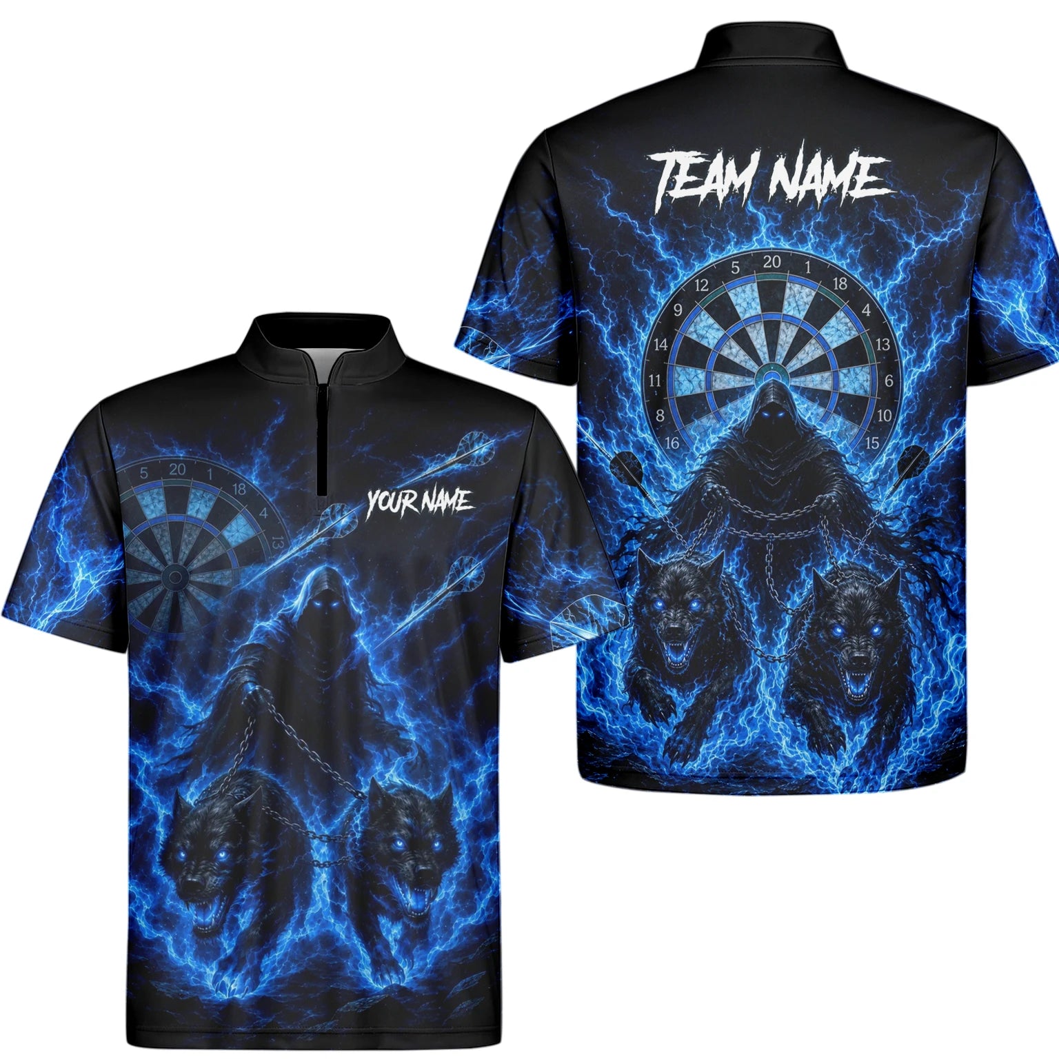Personalisiertes Schwarz-blaues Sensenmann-und-Wölfe-Dartshirt für Herren X871