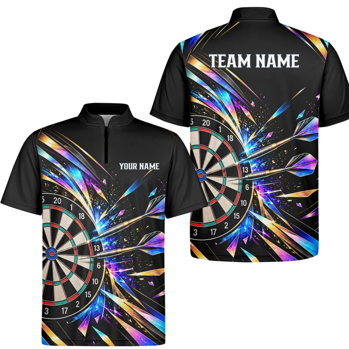 Personalisiertes Dartshirt in Schwarz mit bunten geometrischen Splittern und Dartscheibe für Herren L2897