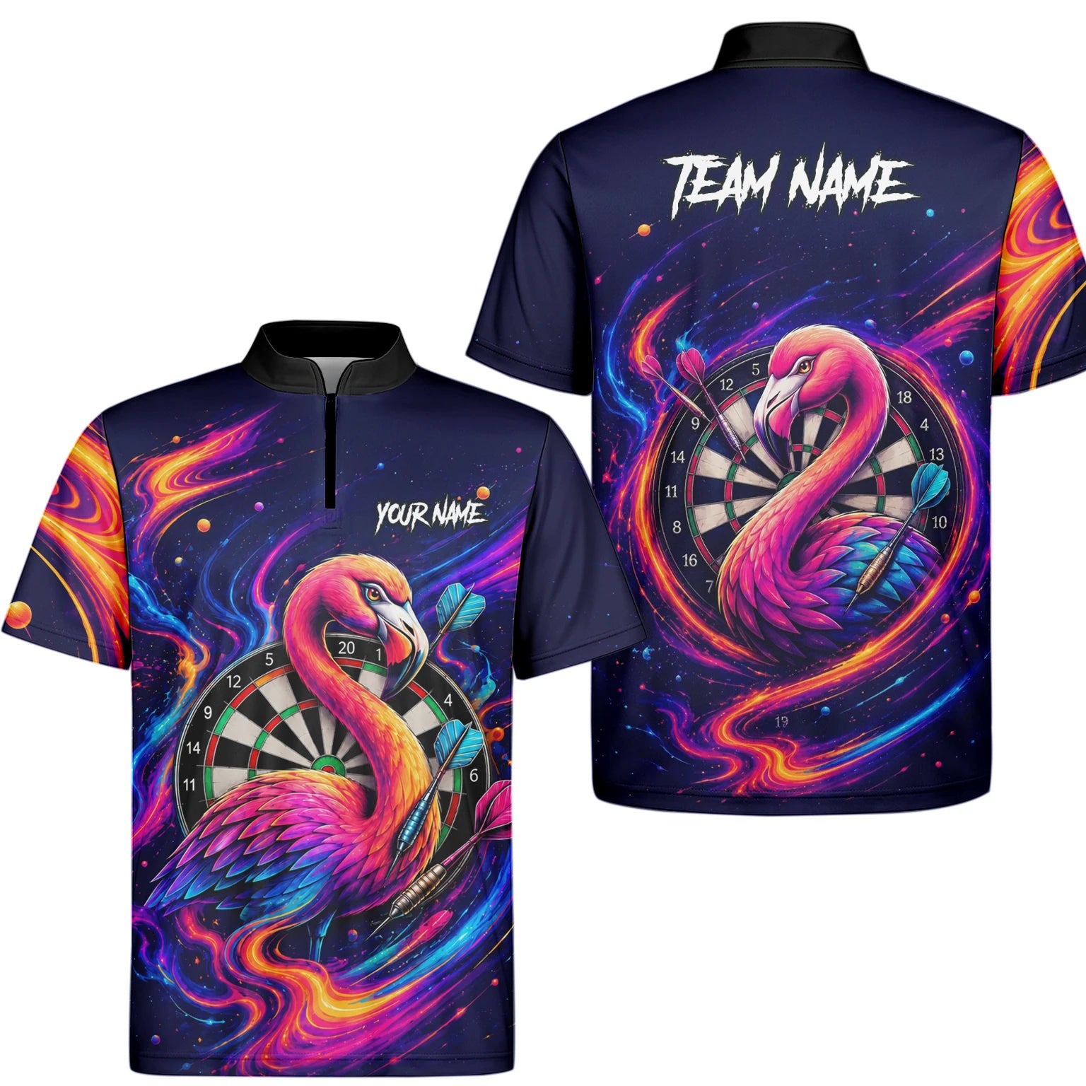 Personalisiertes Neon-Flamingo-Galaxie Dart Poloshirt für Herren D064