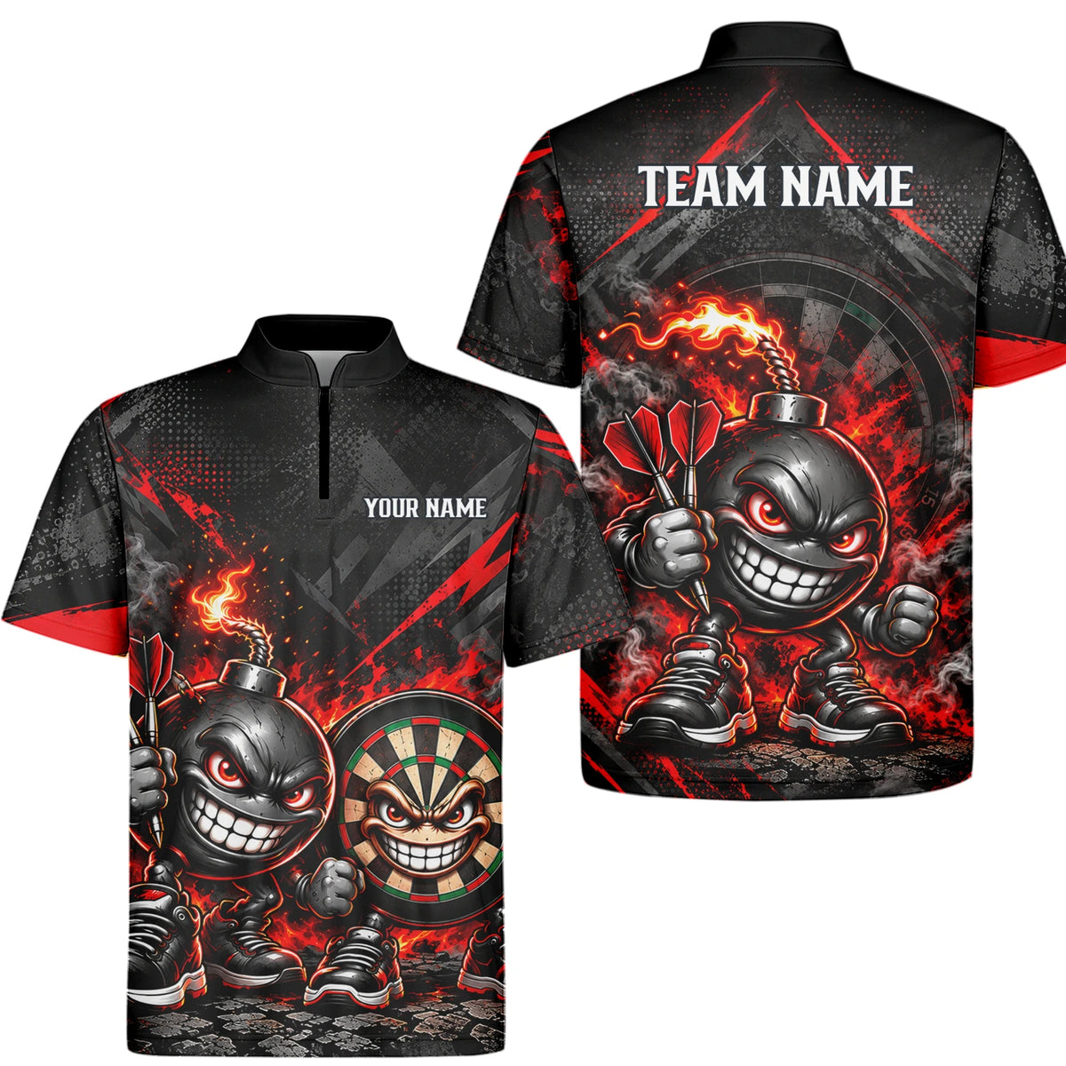 Personalisiertes Dartshirt in Schwarz und Rot mit feurigen Comic-Bomben und Dartscheibe für Herren U4656