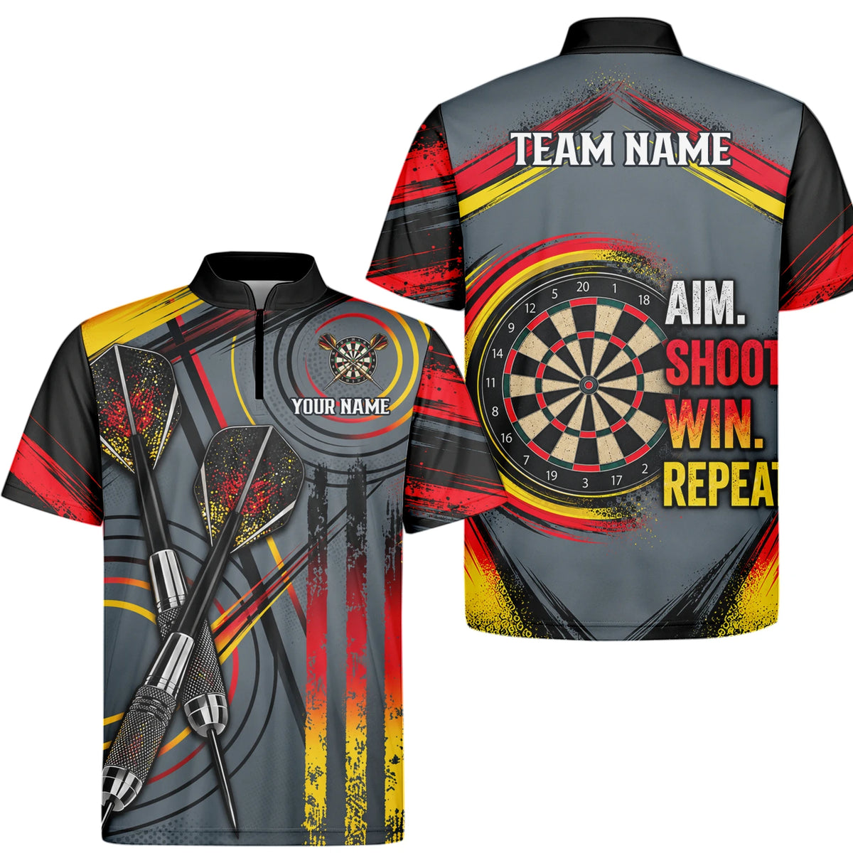 Personalisiertes Dartshirt in Grau, Schwarz, Rot und Gelb mit Dartpfeilen und Dartscheibe für Herren E2718