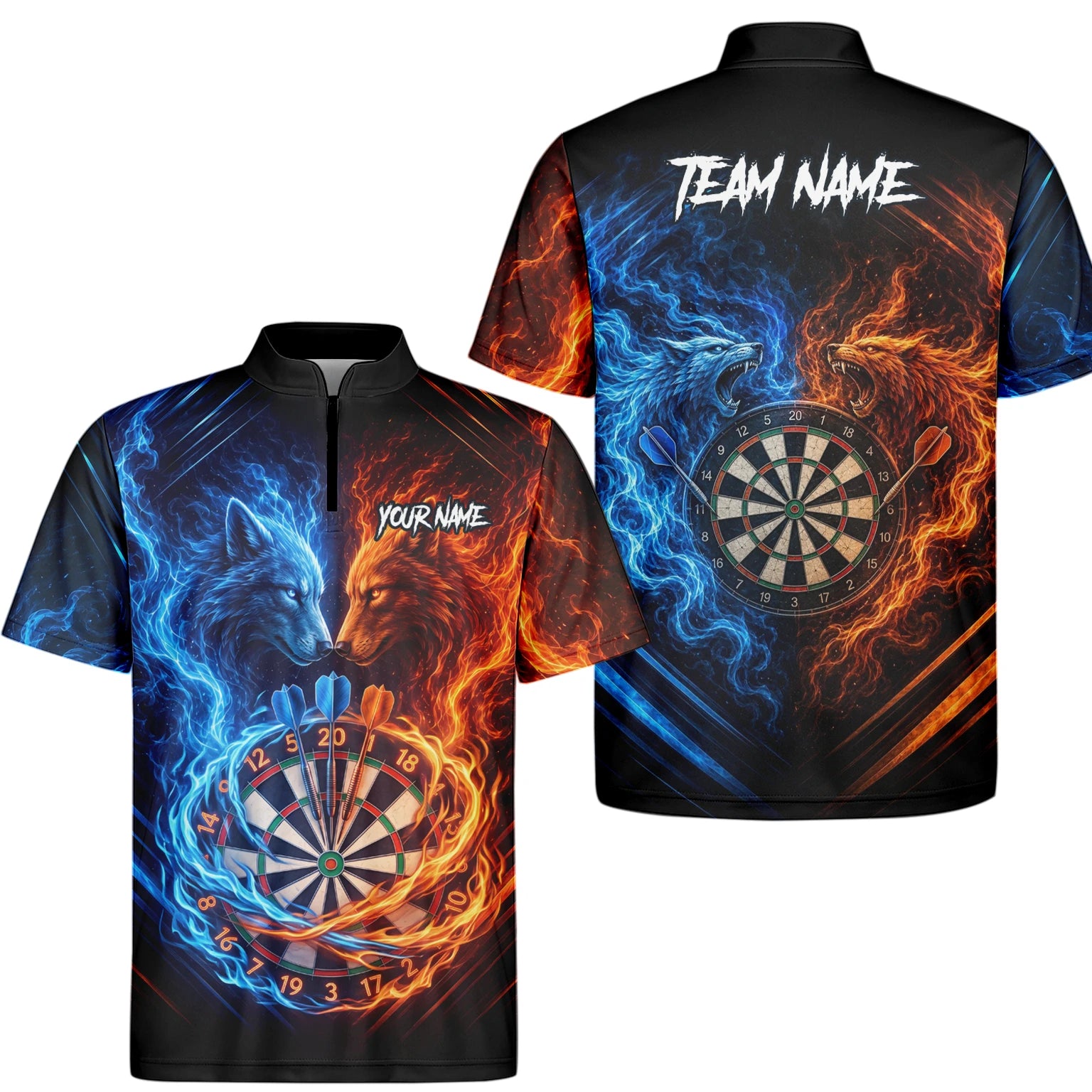 Personalisiertes Blau-oranges Wolf-Flammen-Dartboard Dartshirt für Herren A749