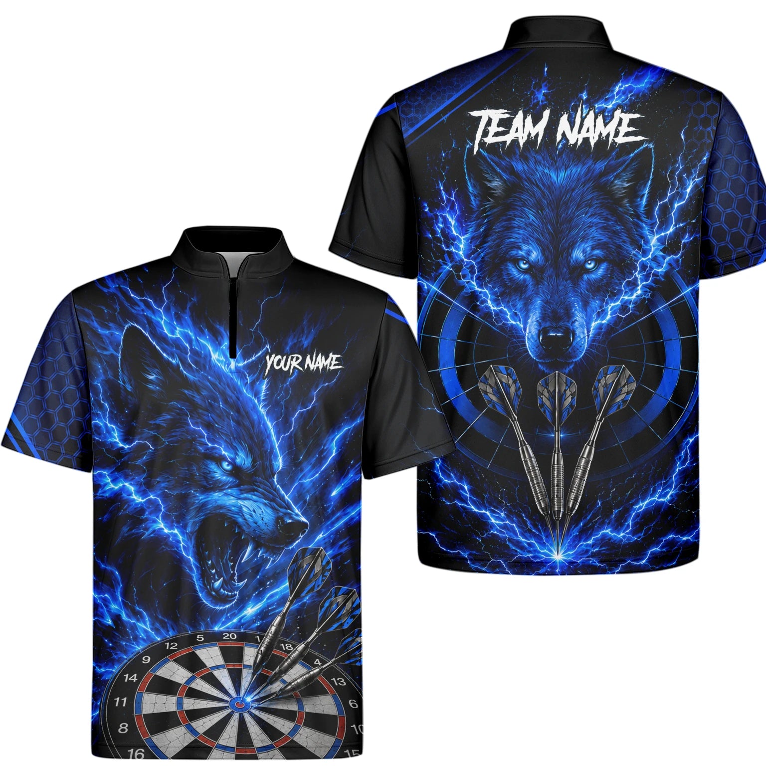Personalisiertes Schwarz-blaues Wolf-Blitz-Dartshirt für Herren Y375