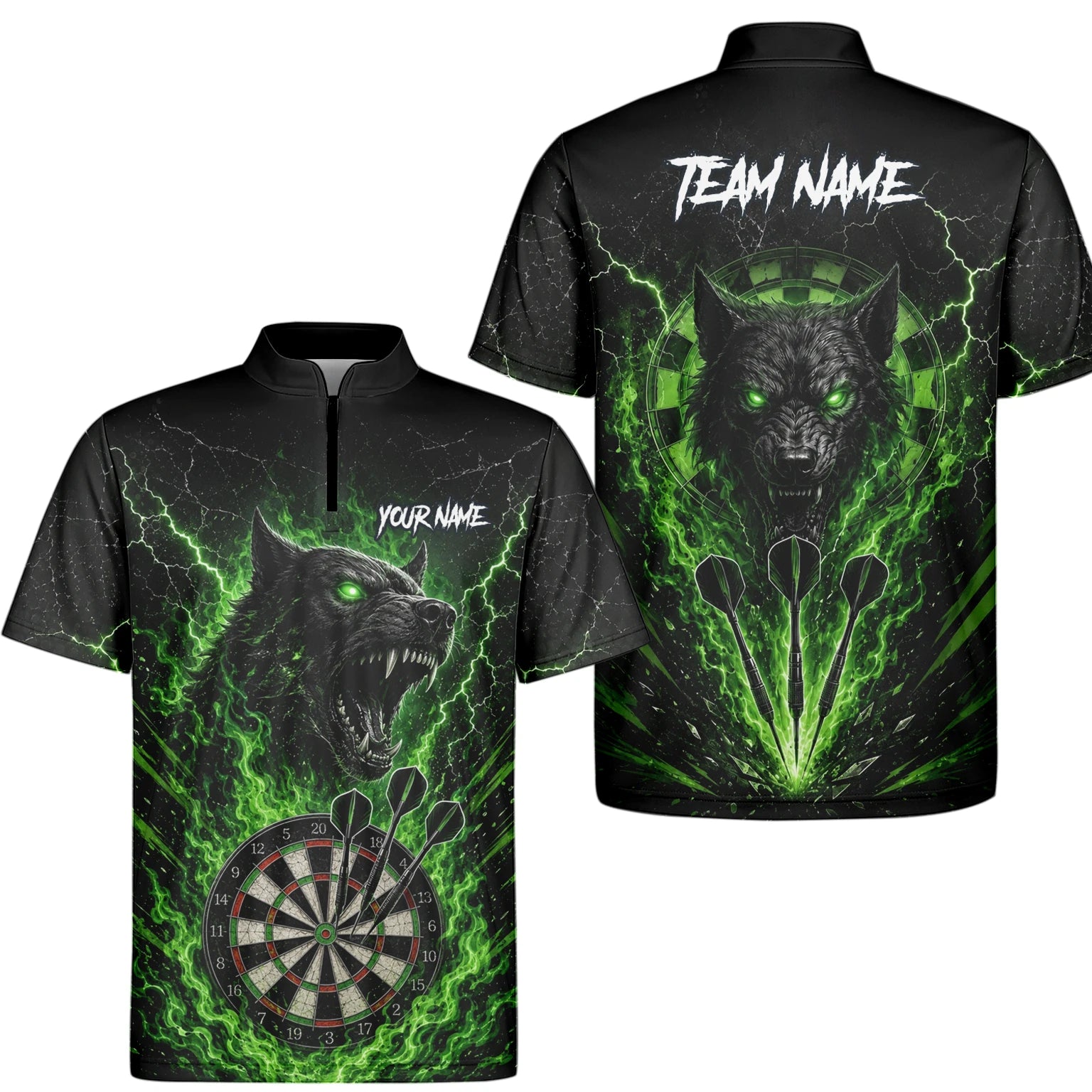 Personalisiertes Schwarz-grünes Wolf-Dartboard Dartshirt für Herren F303