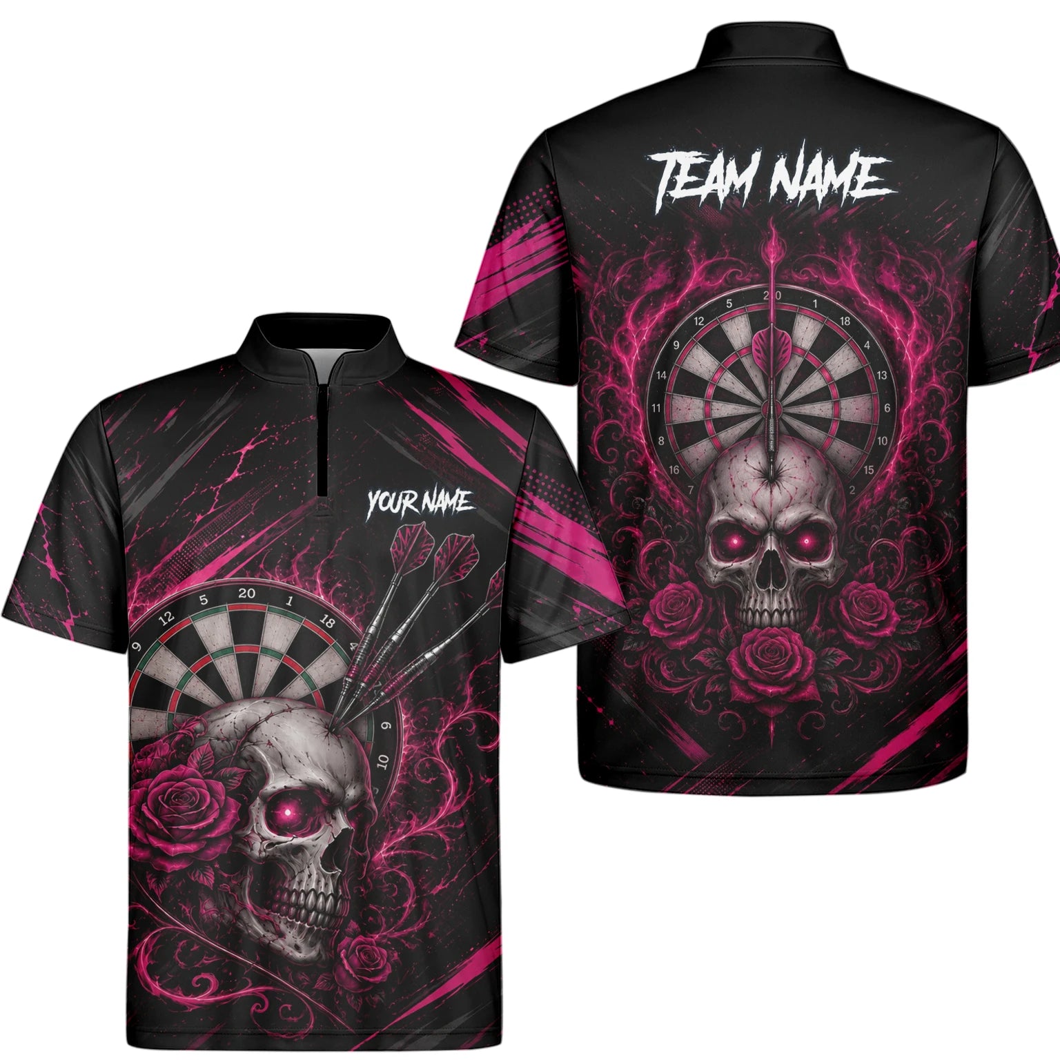 Personalisiertes Schwarz-pink Totenkopf-und-Rosen-Dartshirt für Herren V308