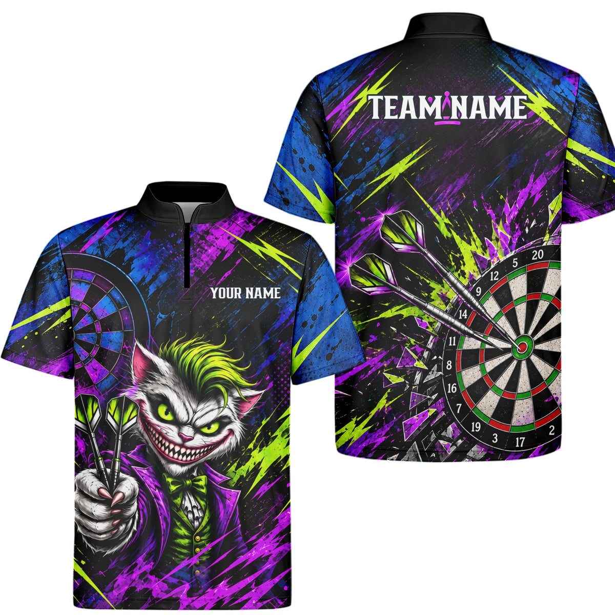 Personalisiertes Dartshirt in Schwarz, Grün und Lila mit grinsender Katze und Dartscheibe für Herren U0497