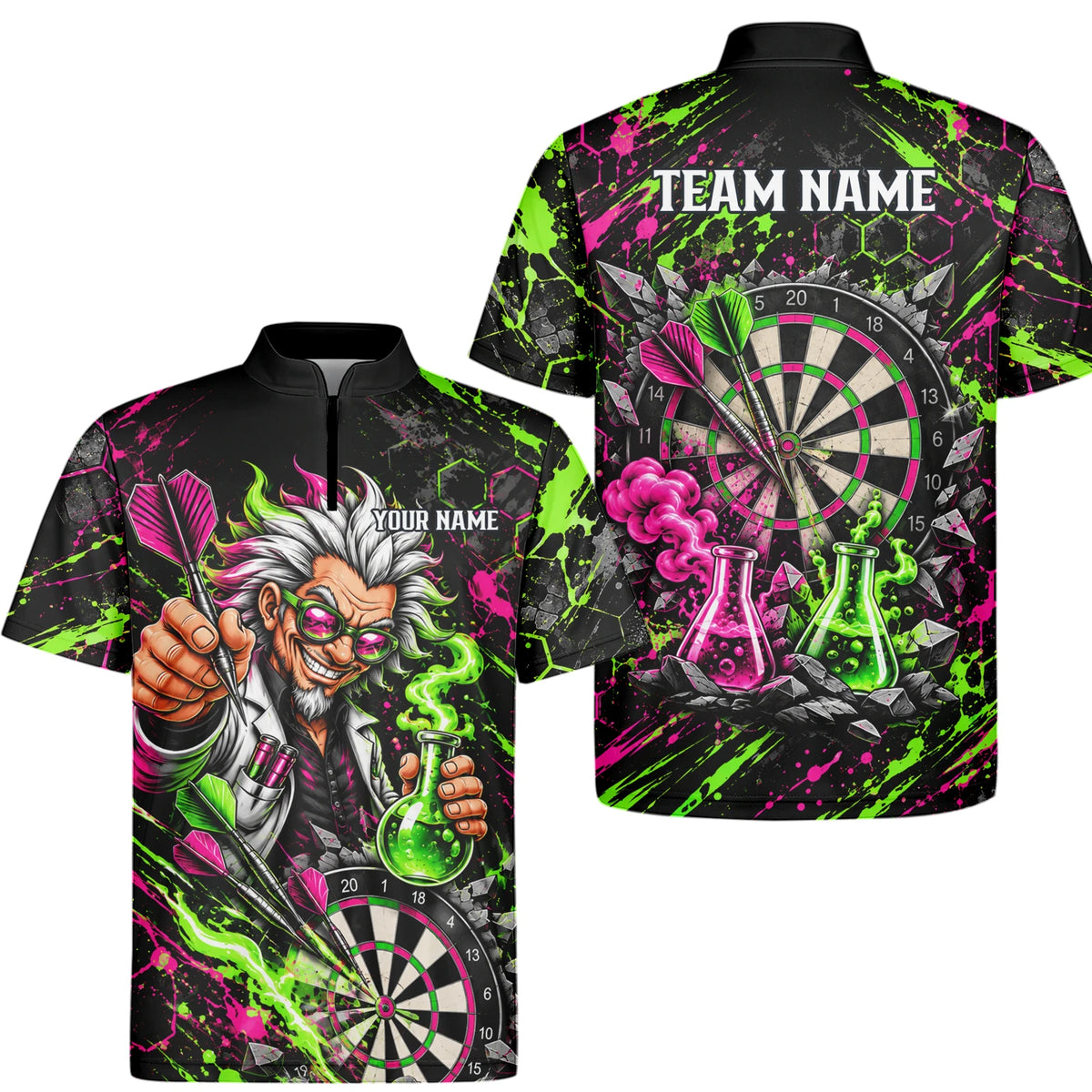 Personalisiertes Dartshirt in Schwarz, Grün und Pink mit verrücktem Wissenschaftler und Dartscheibe für Herren F9179