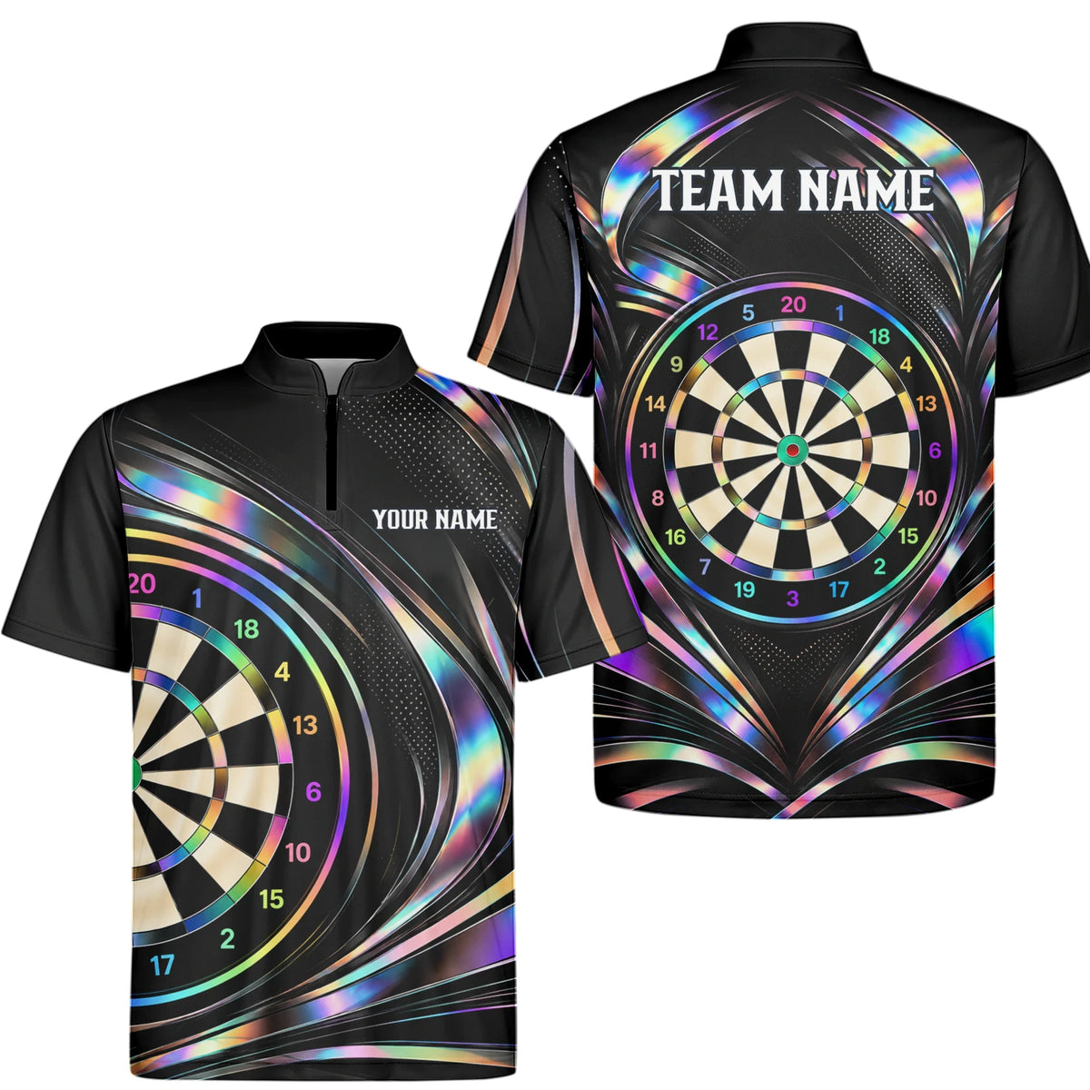 Personalisiertes Dartshirt in Schwarz mit regenbogenfarbenen Schwüngen und Dartscheibe für Herren Y5240