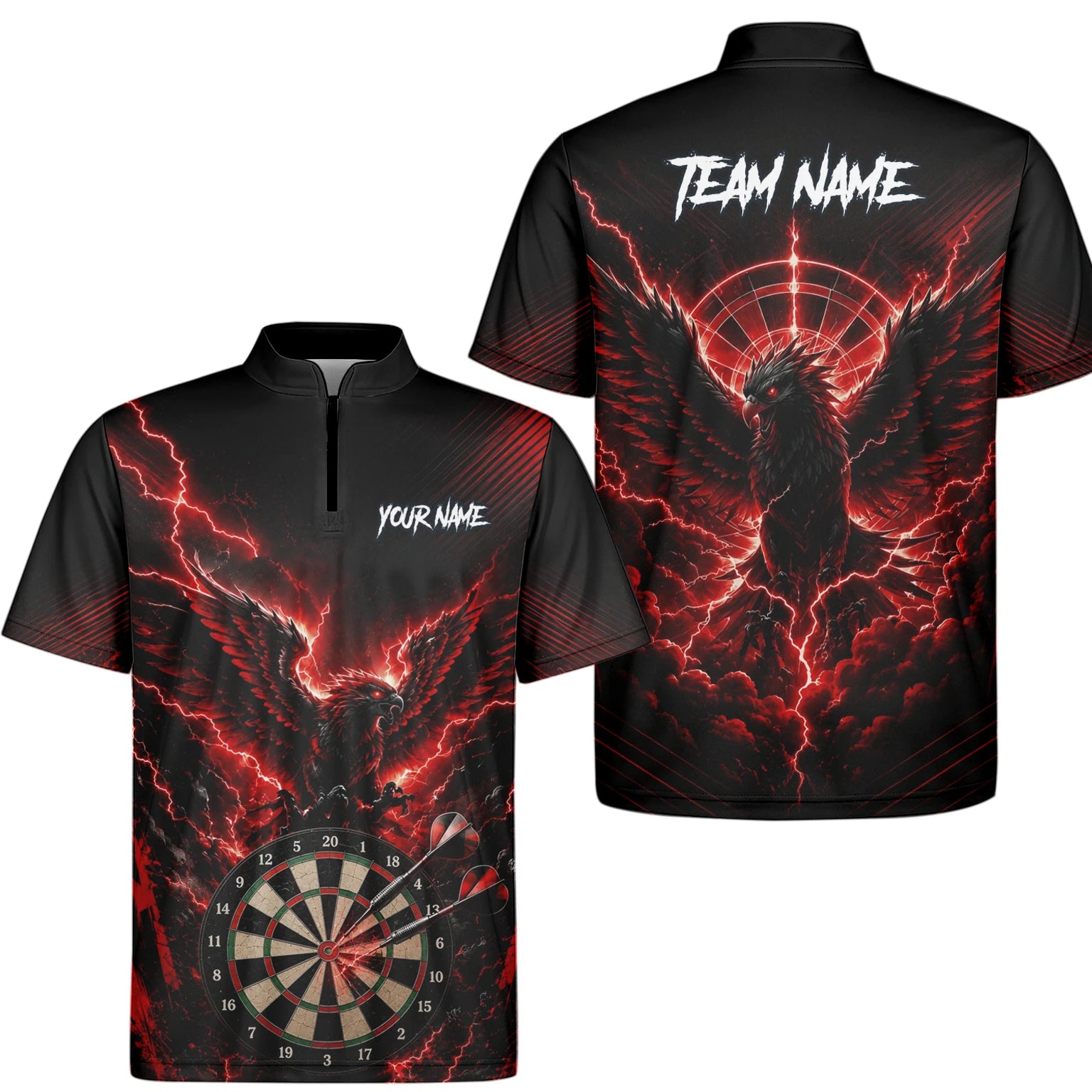 Personalisiertes Schwarz-rotes Phönix-Blitz-Dartboard Dartshirt für Herren J120