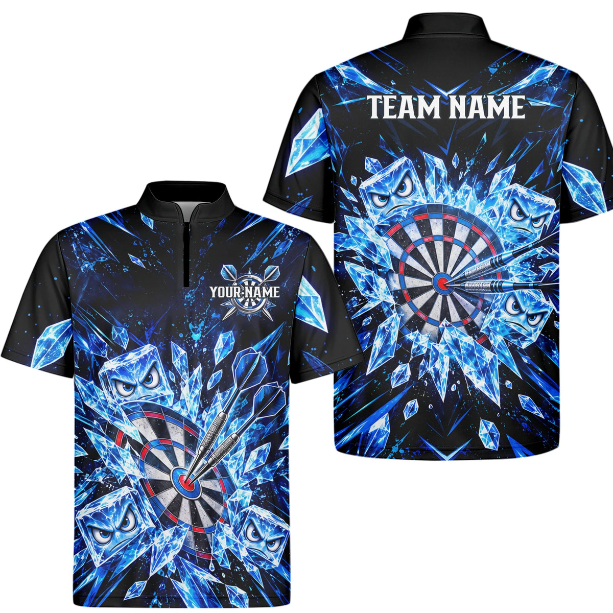 Personalisiertes Dartshirt in Schwarz und Blau mit Eiskristallen, Dartpfeilen und Dartscheibe für Herren X5114