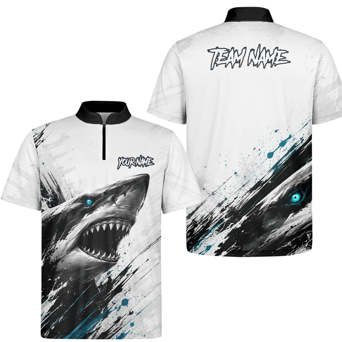 Personalisiertes Dartshirt mit weiß-schwarz-türkisem Hai für Herren D067