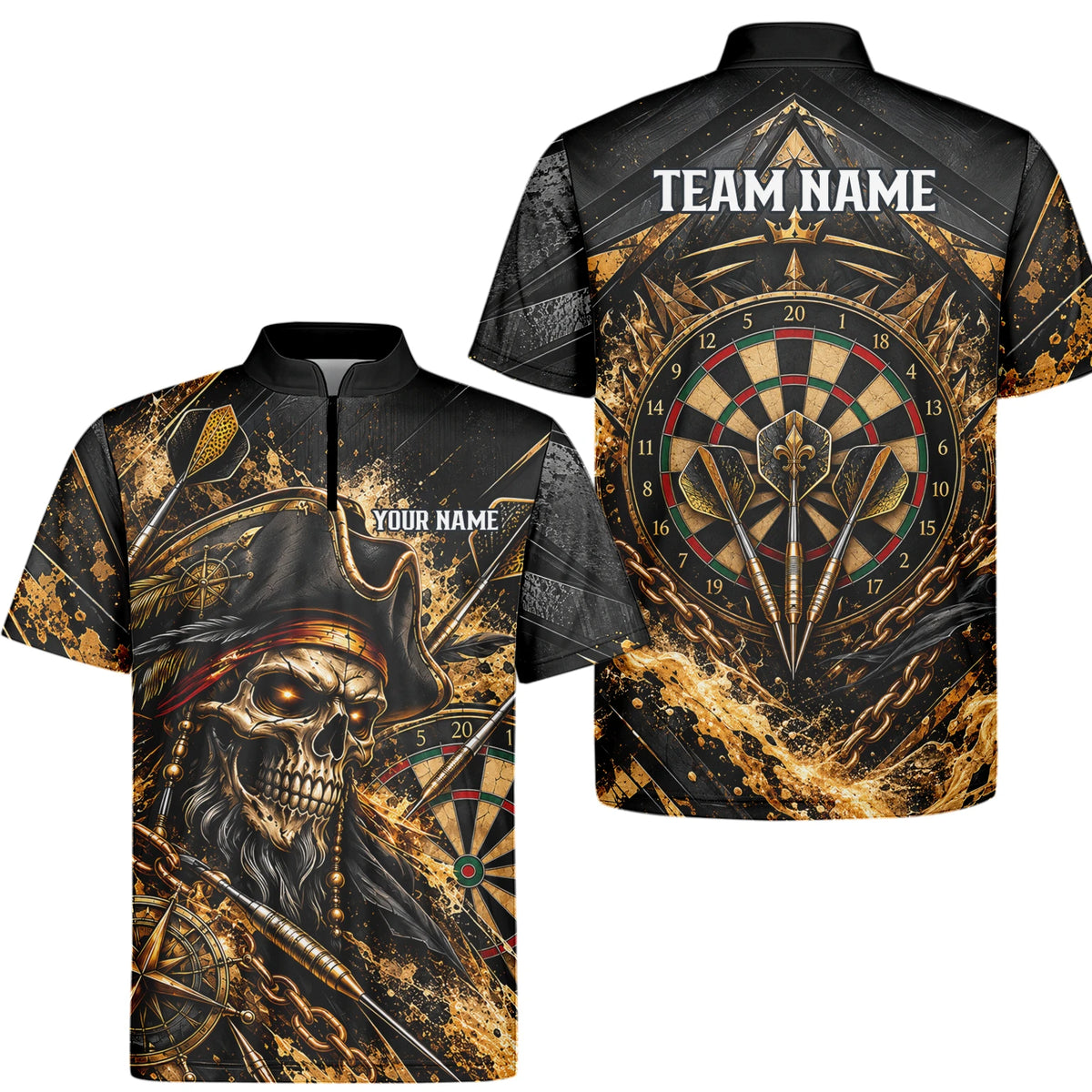 Personalisiertes Dartshirt in Schwarz und Gold mit Piraten-Totenkopf und Dartscheibe für Herren X7403