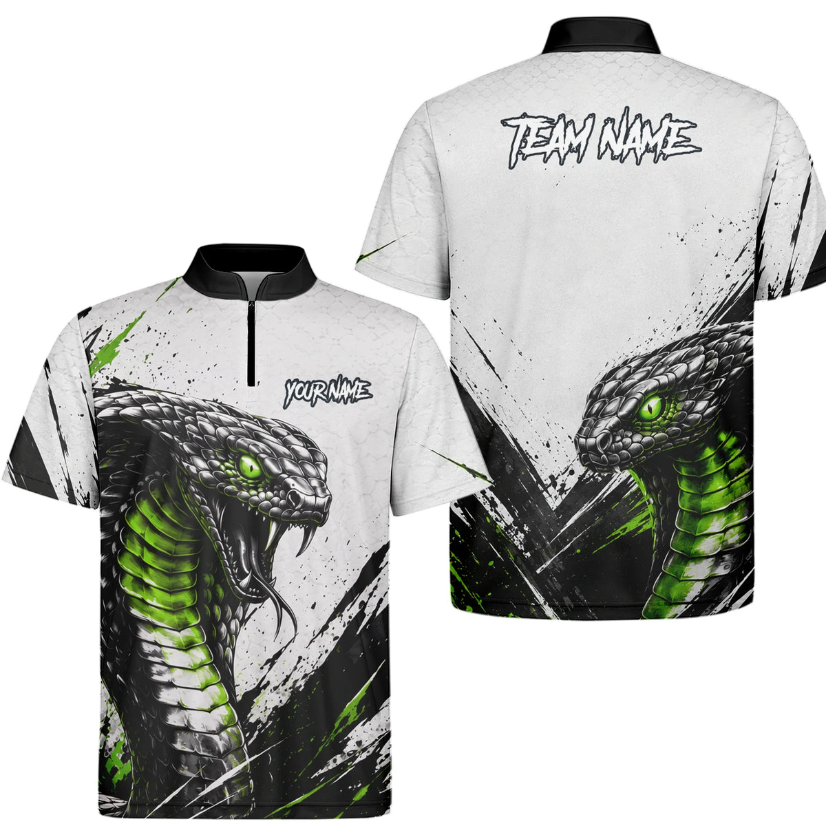Personalisiertes Dartshirt mit weiß-schwarz-grüner Kobra für Herren A017