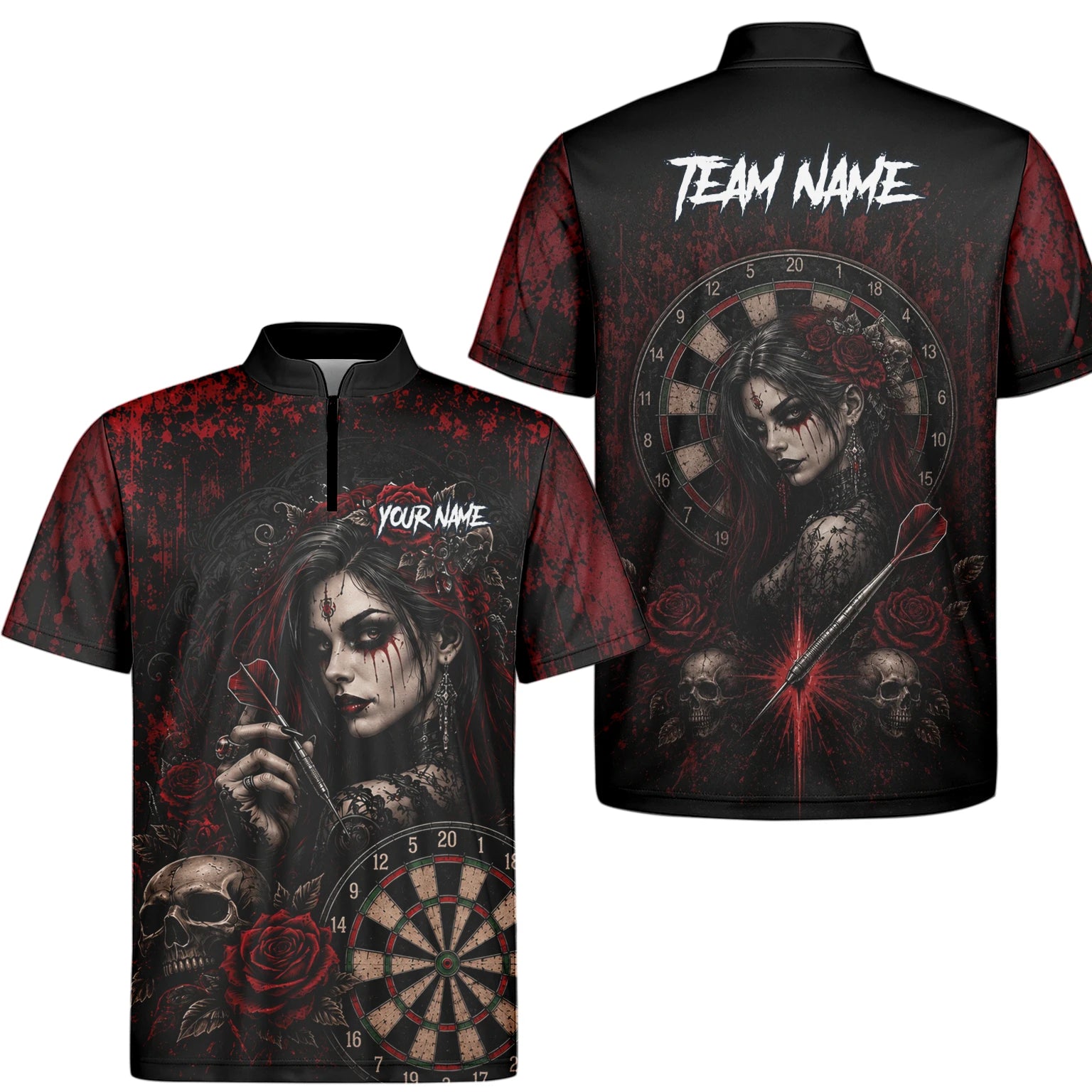 Personalisiertes Schwarz-rotes Gothic-Frauen-Totenkopf-Dartshirt für Herren W035