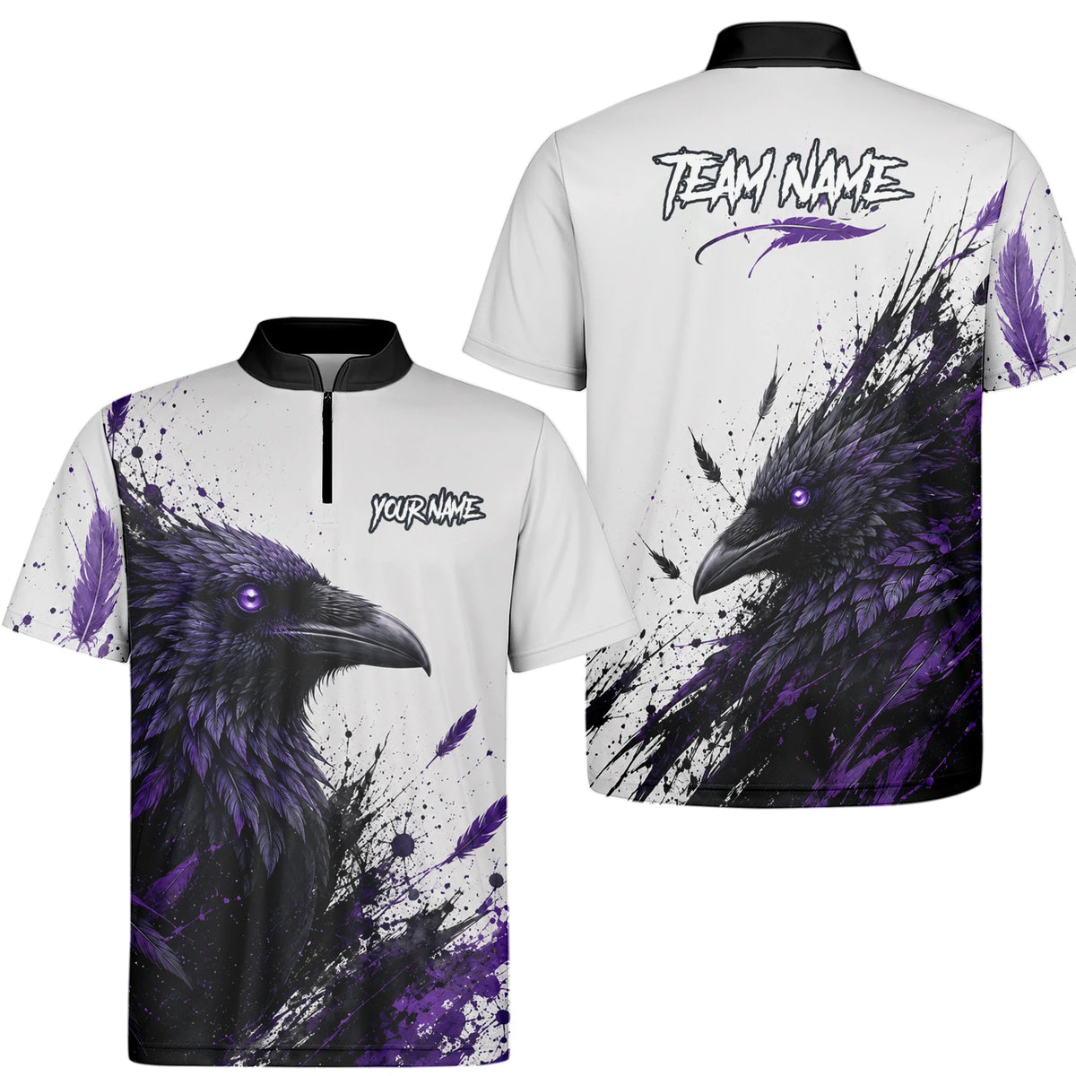 Personalisiertes Dartshirt mit weiß-schwarz-violettem Raben für Herren Z888