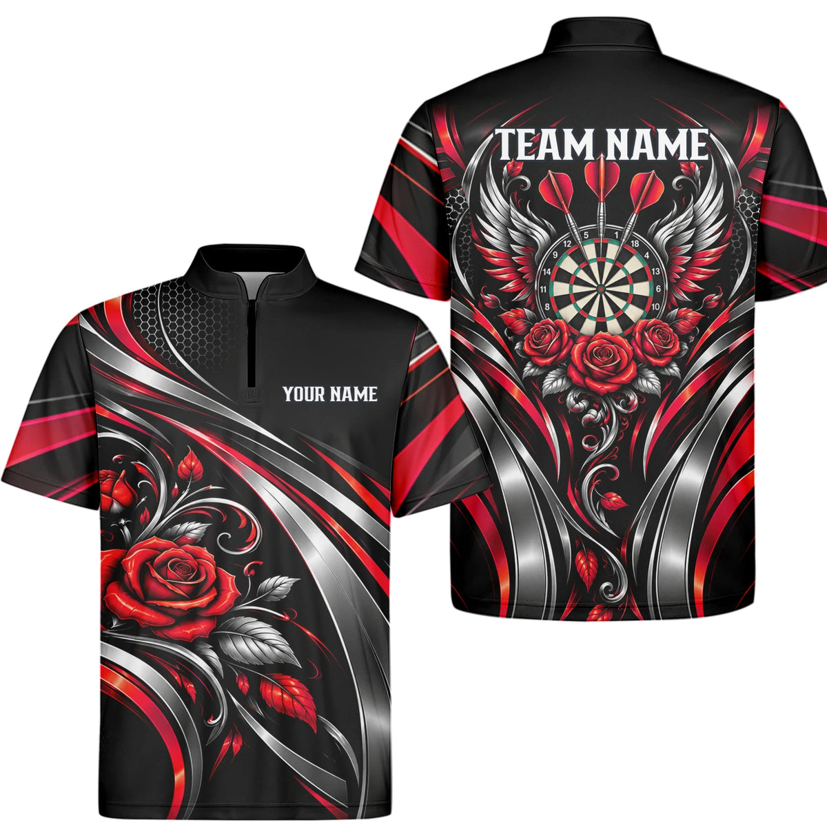 Personalisiertes Dartshirt in Schwarz, Rot und Silber mit Rosen, Flügeln und Dartscheibe für Herren Y2535